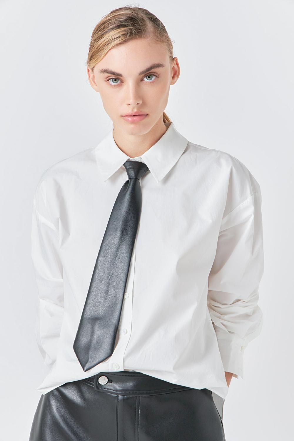 endless rose Shirt with Faux Leather Necktie WHITE