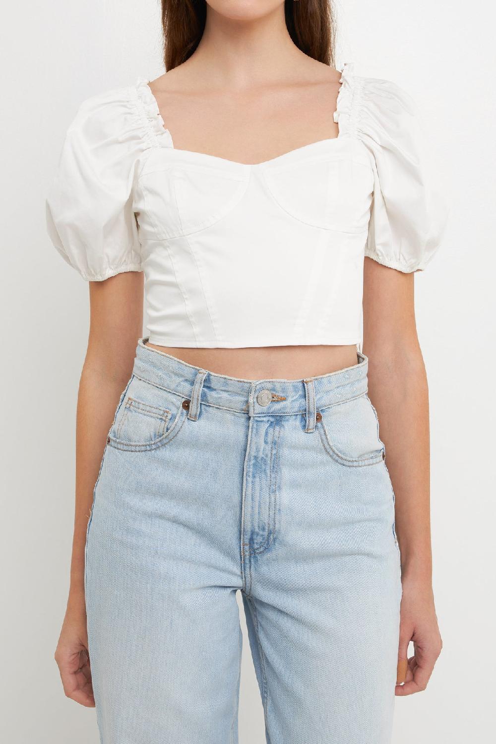 Endless Rose Short Puff Sleeve Cropped Top WHITE