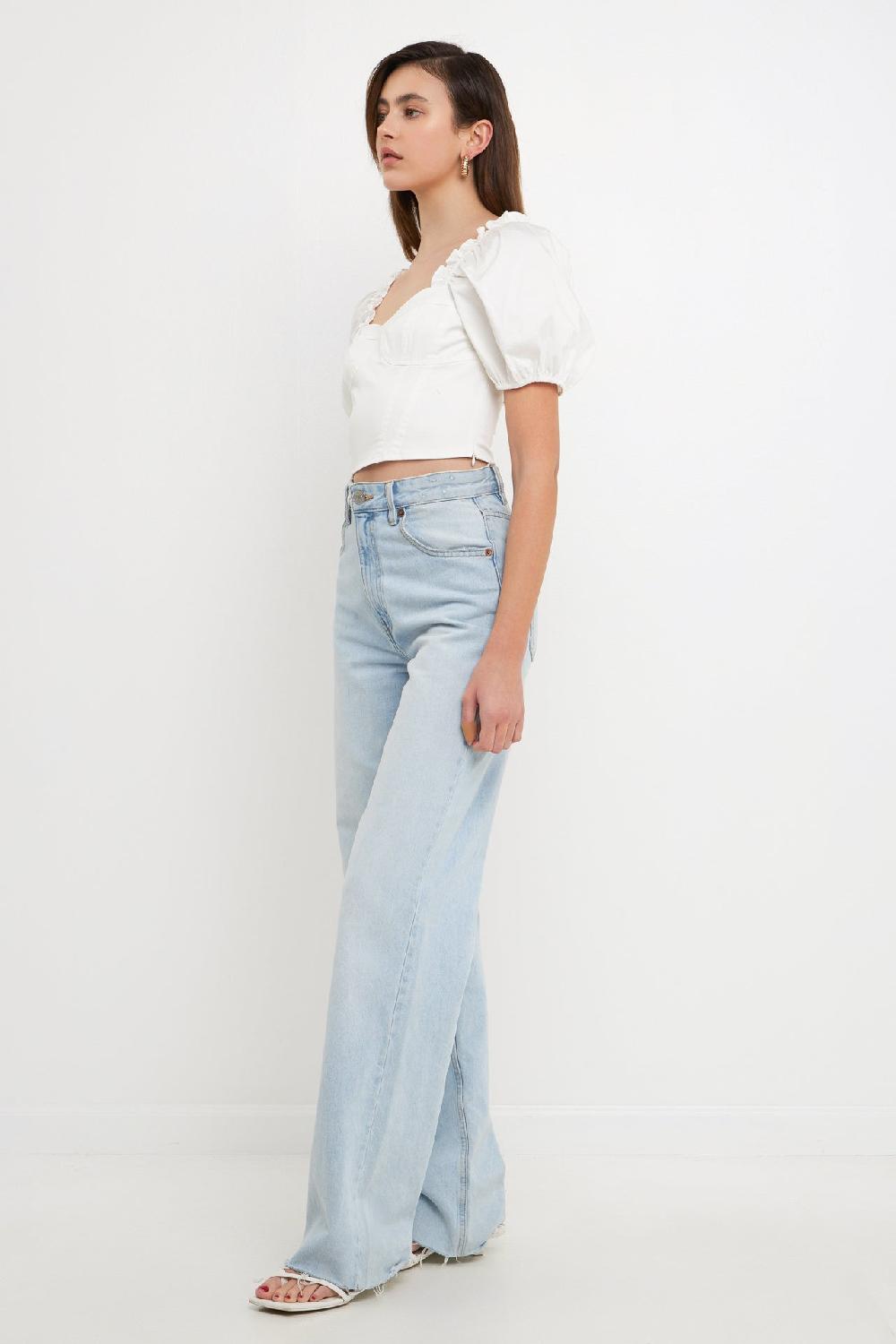 Endless Rose Short Puff Sleeve Cropped Top WHITE