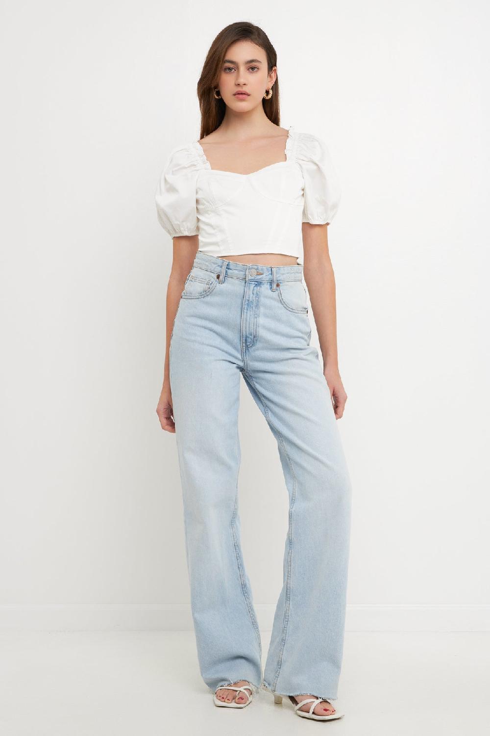 endless rose Short Puff Sleeve Cropped Top WHITE