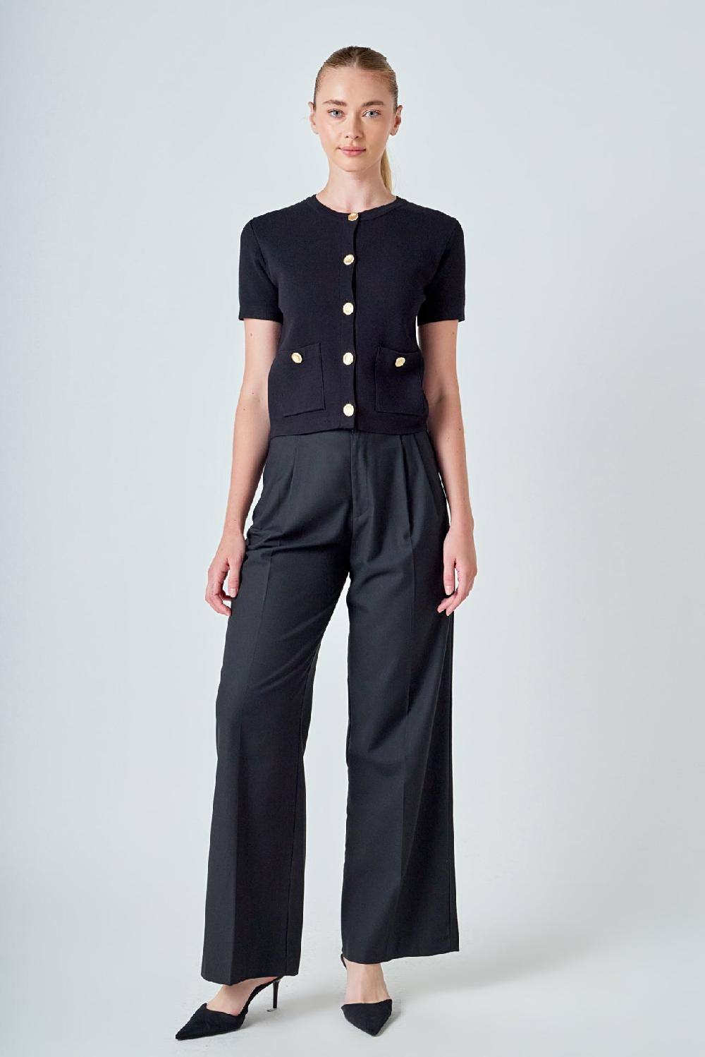 endless rose Short Sleeve Button-Up Cardigan BLACK