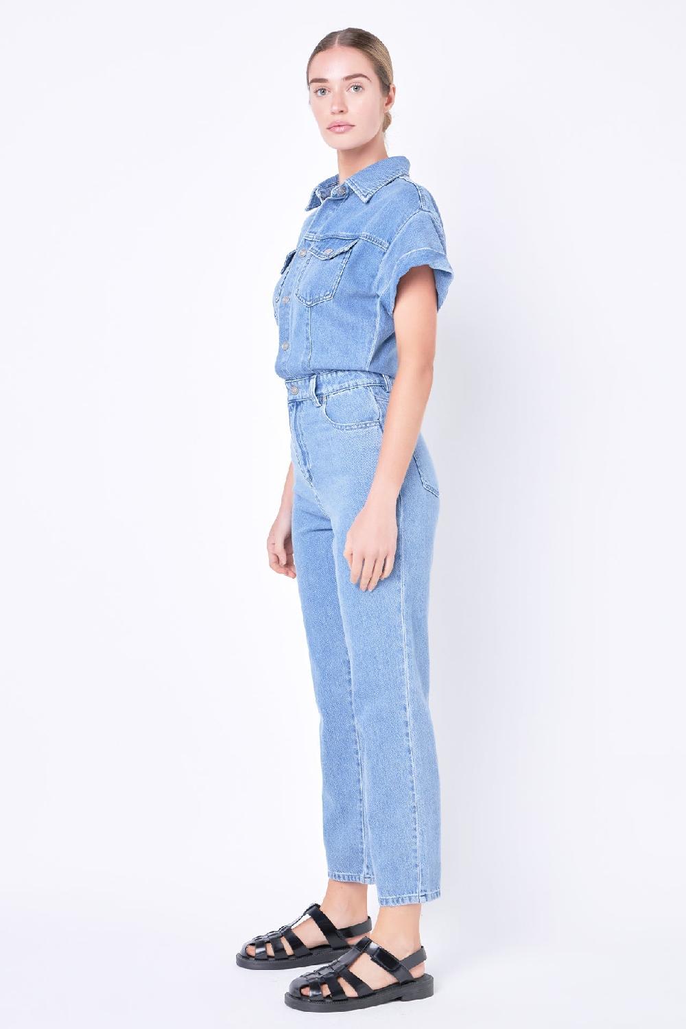 Endless Rose Short Sleeve Denim Jumpsuit BLUE