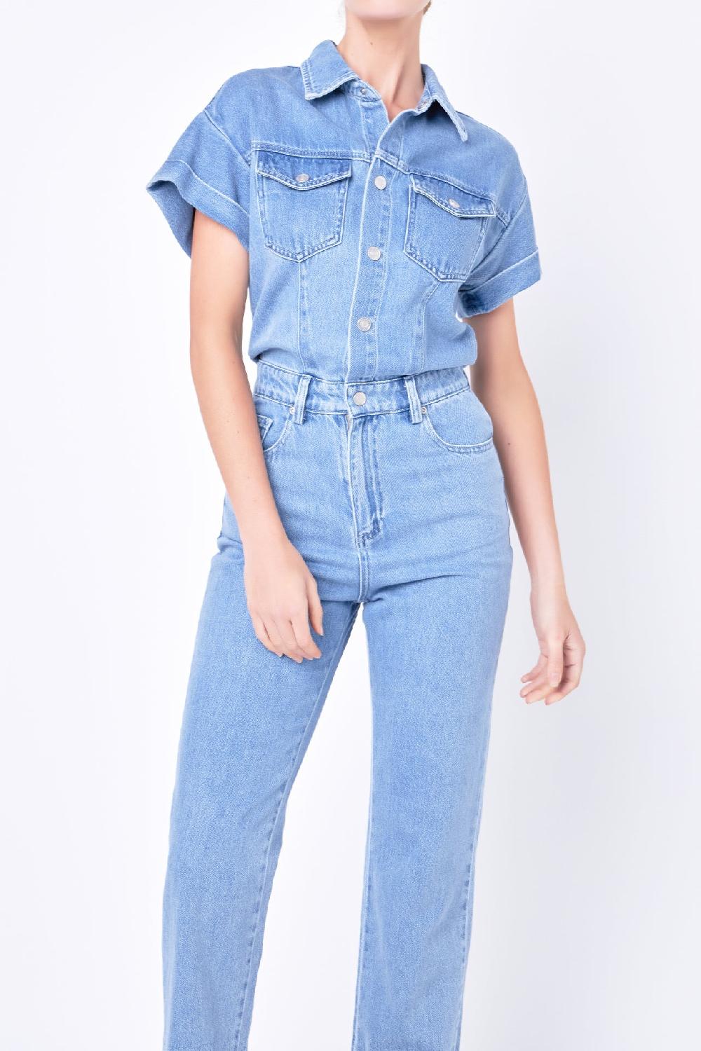 Endless Rose Short Sleeve Denim Jumpsuit BLUE