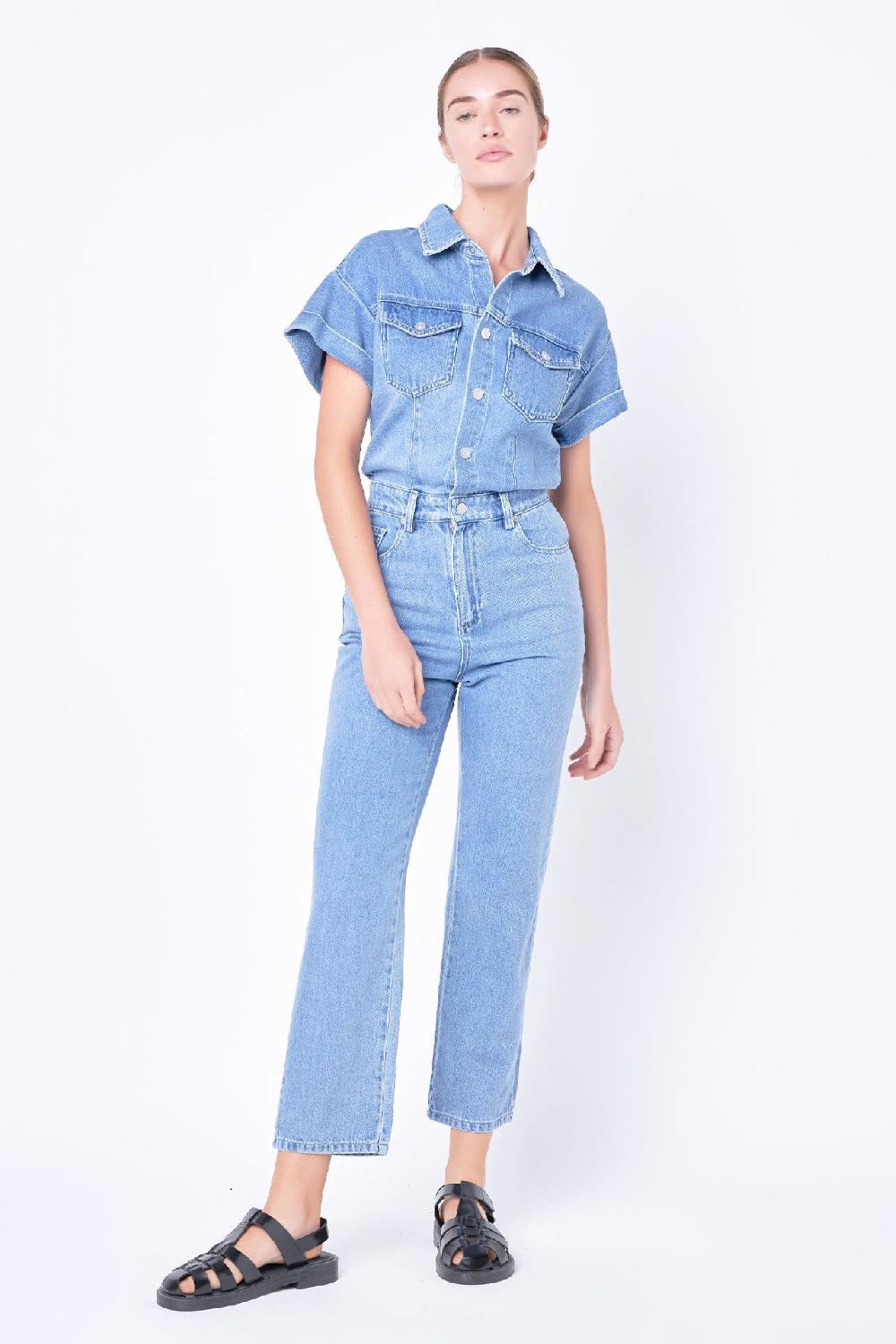 endless rose Short Sleeve Denim Jumpsuit BLUE