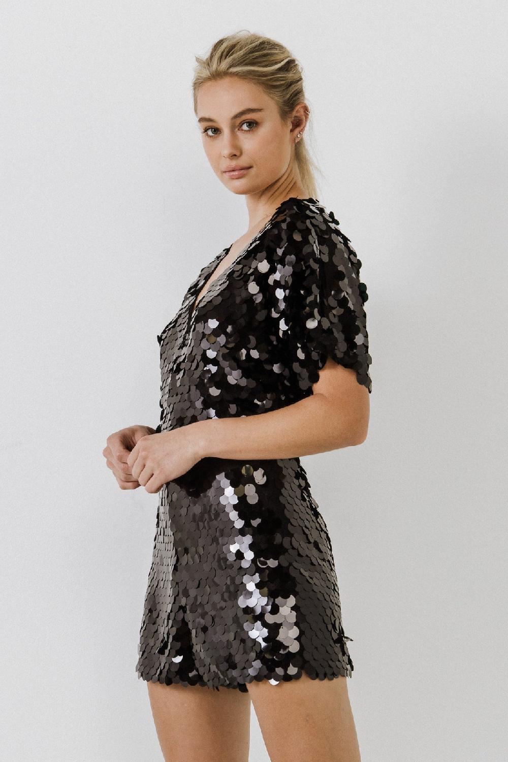 Endless Rose Short Sleeve Sequin Romper BLACK