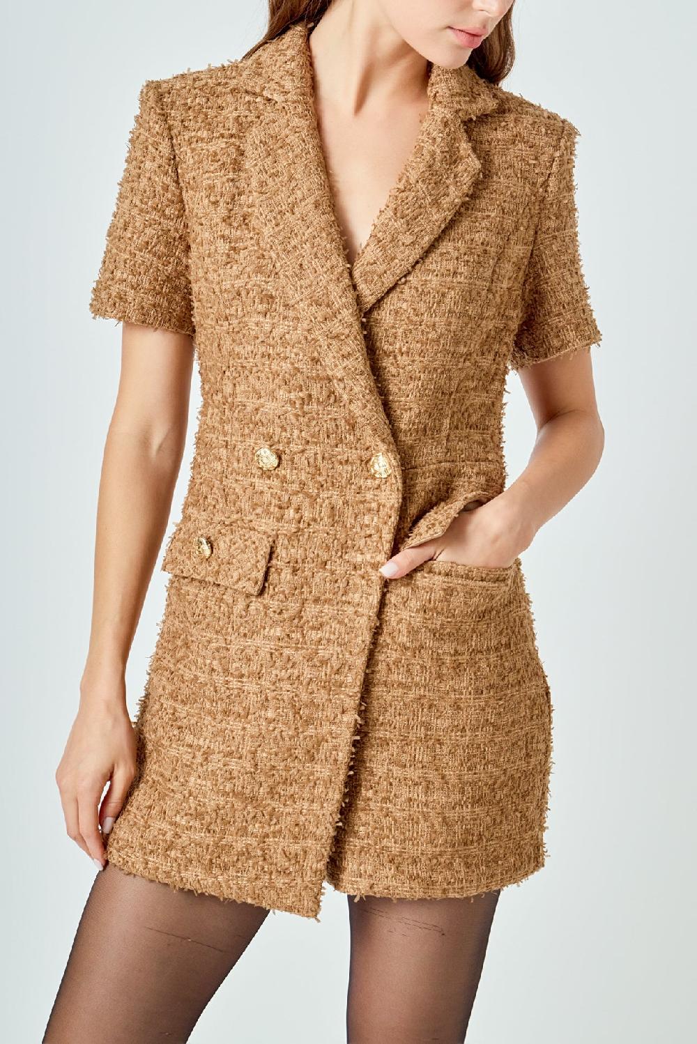 Endless Rose Short Sleeve Tweed Romper BROWN