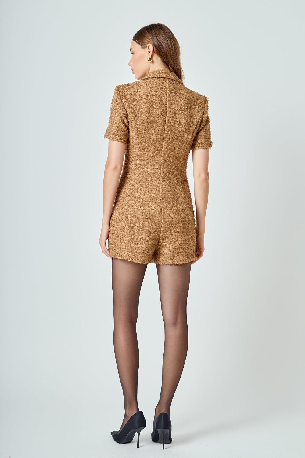 Endless Rose Short Sleeve Tweed Romper BROWN