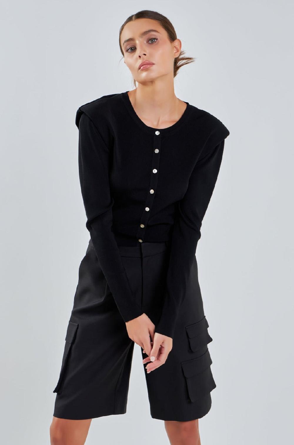 endless rose Shoulder Pad Cardigan BLACK