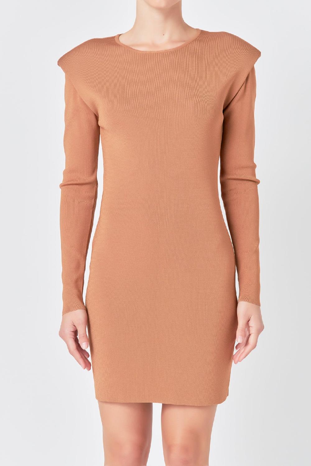 Endless Rose Shoulder Pad Knit Dress CAMEL