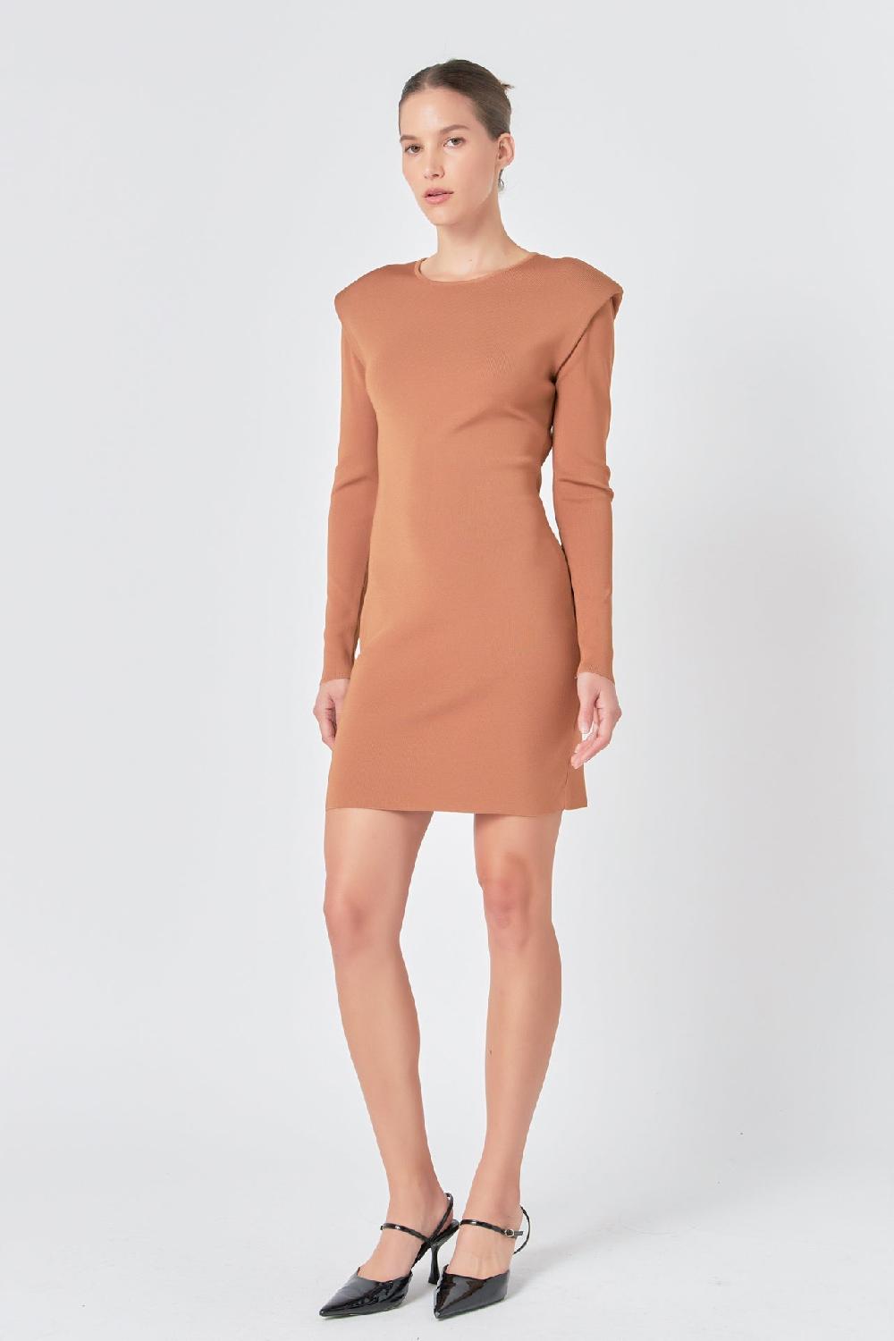 Endless Rose Shoulder Pad Knit Dress CAMEL