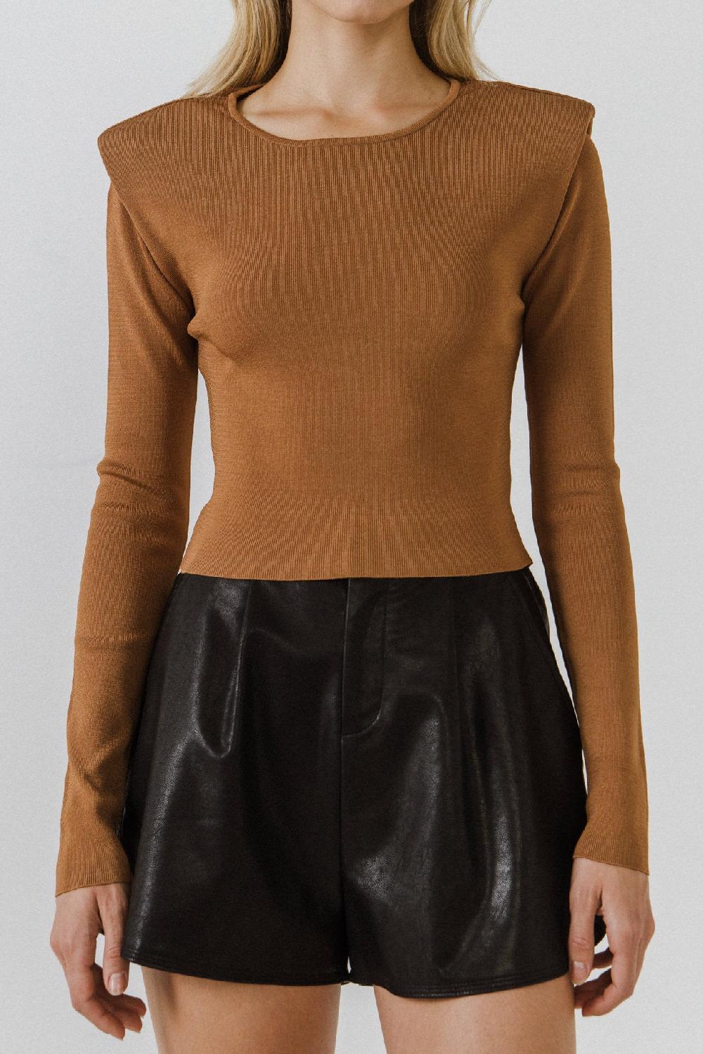Endless Rose Shoulder Pad Knit Top CAMEL