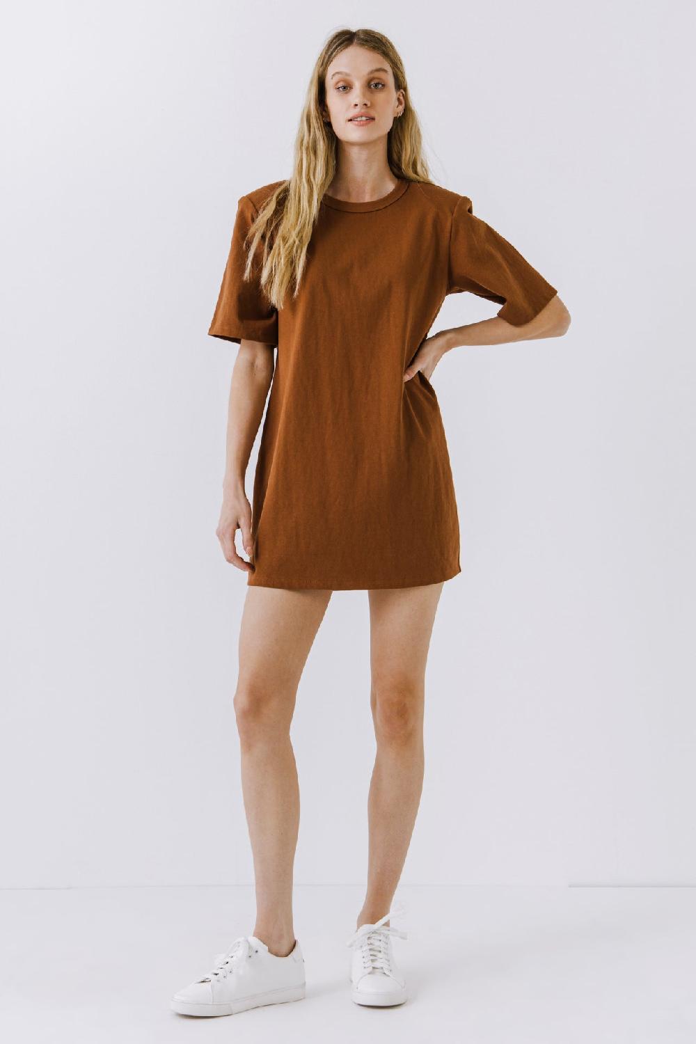 endless rose Shoulder Pad T-Shirt Dress BROWN