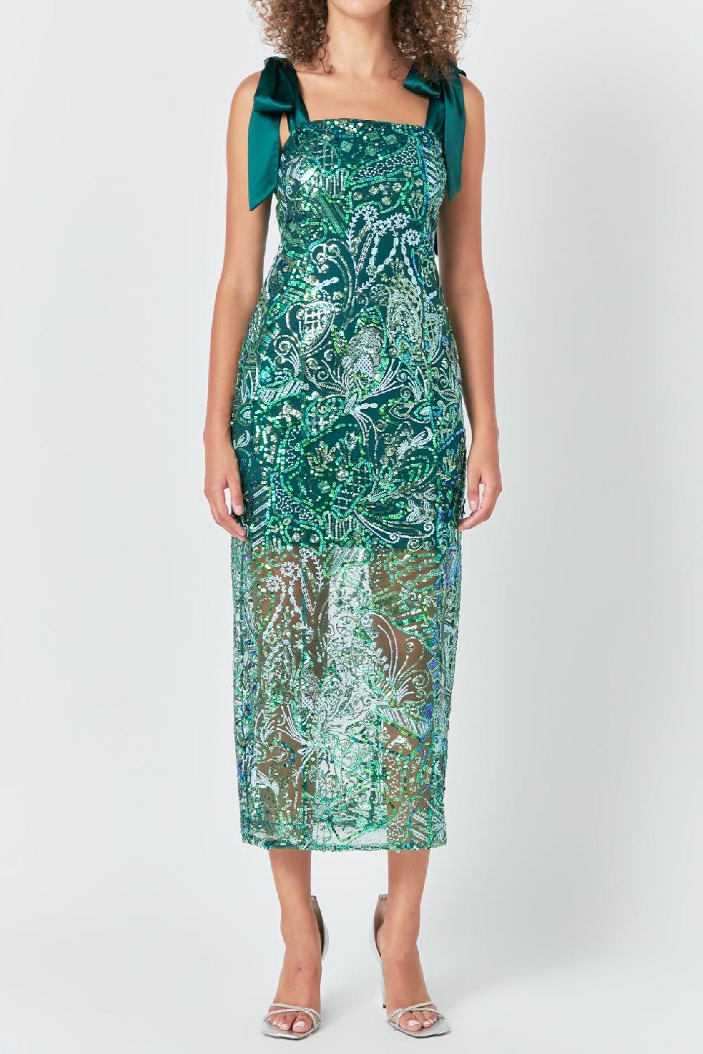Endless Rose Shoulder Tie Sequins Maxi Dress GREEN