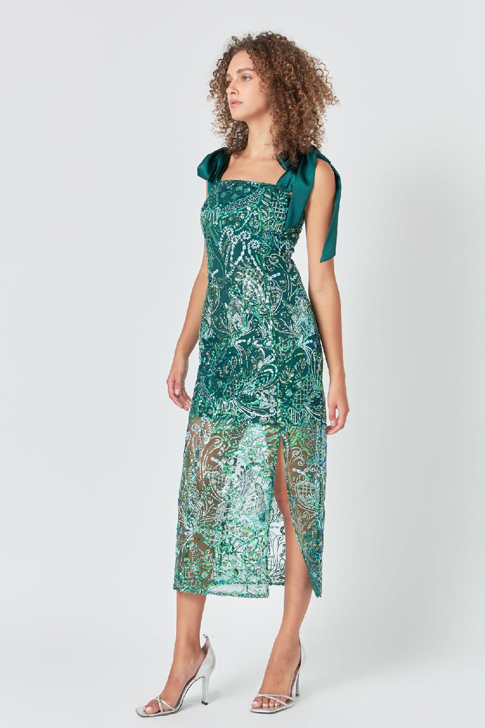 Endless Rose Shoulder Tie Sequins Maxi Dress GREEN