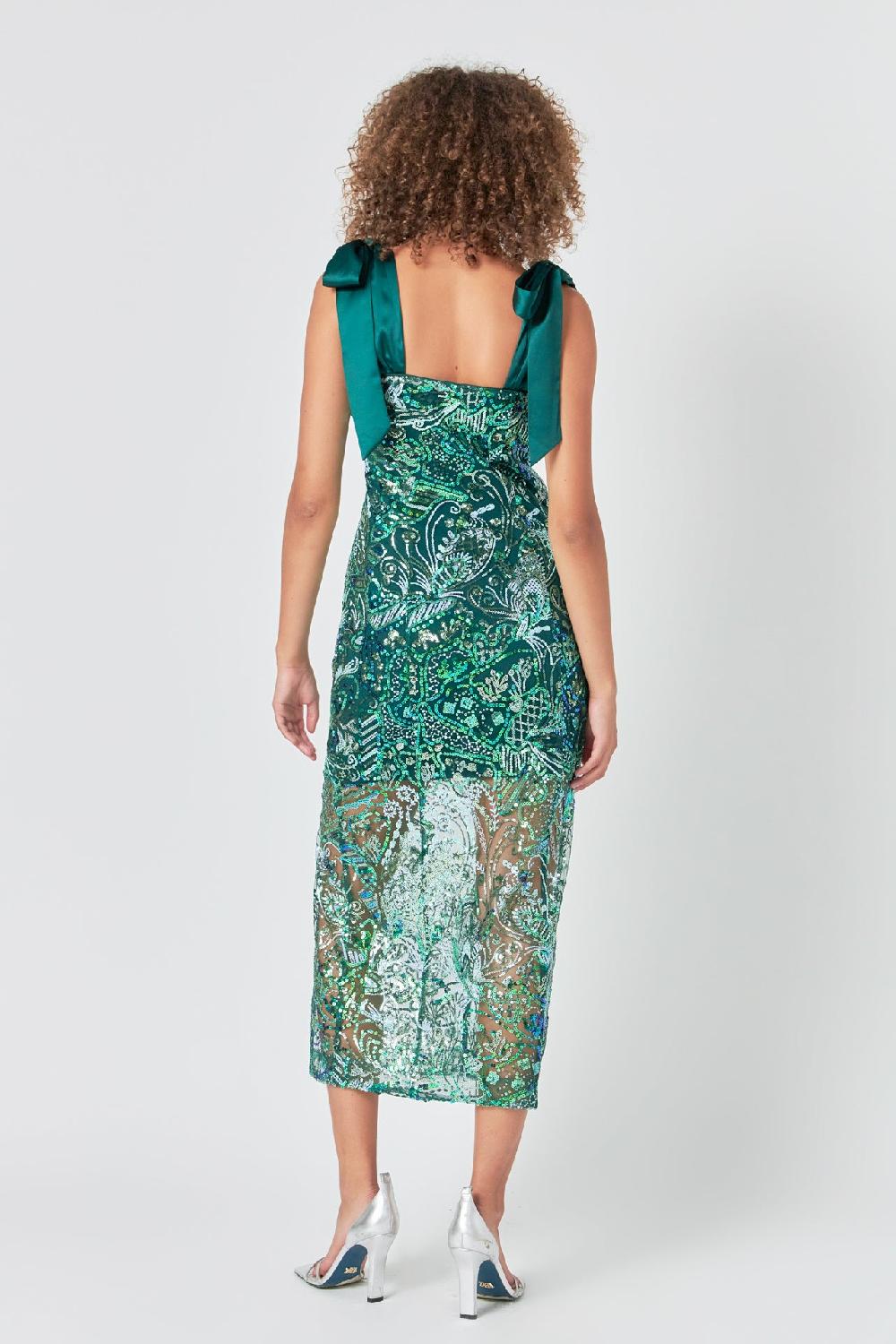 Endless Rose Shoulder Tie Sequins Maxi Dress GREEN