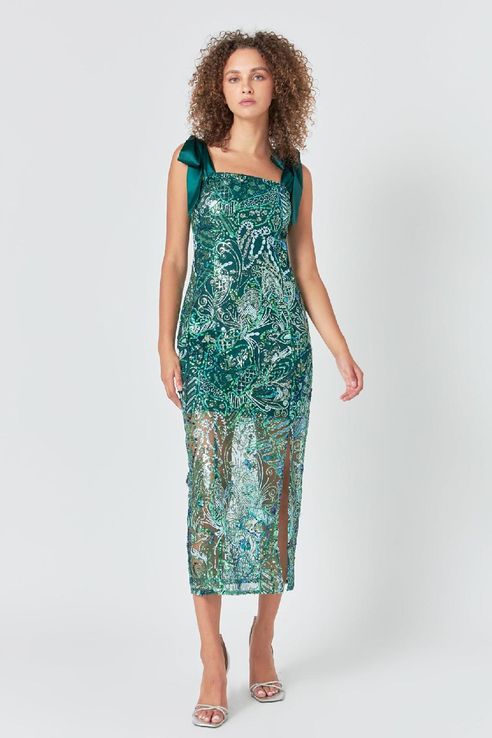 endless rose Shoulder Tie Sequins Maxi Dress GREEN