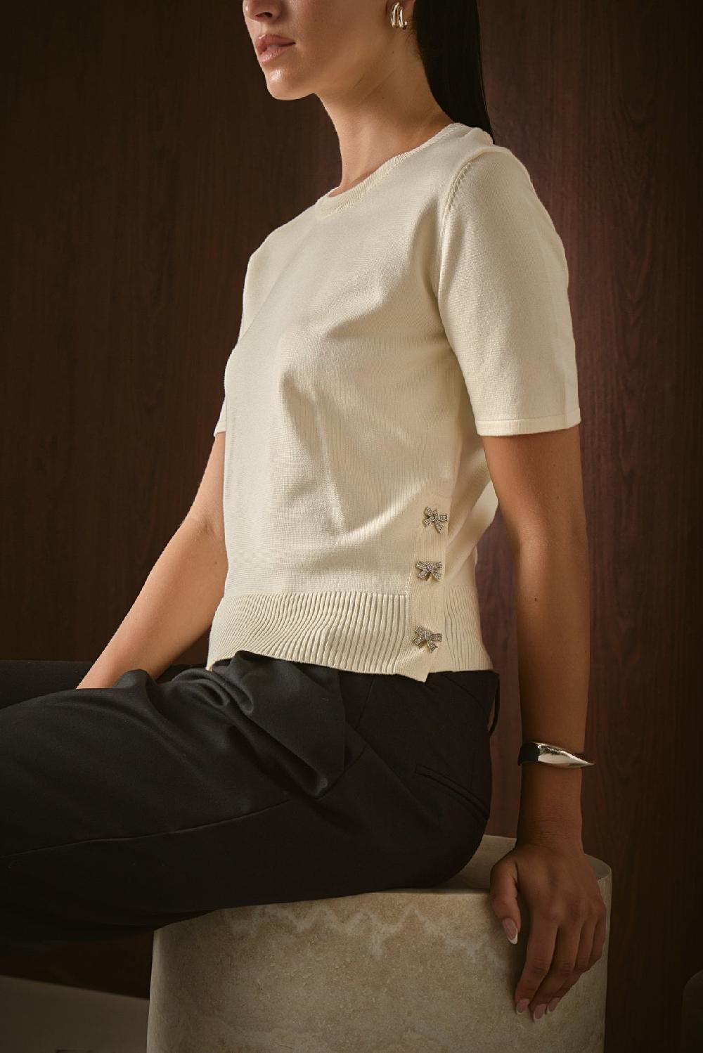 Endless Rose Side Bow Buttoned Knit Top CREAM