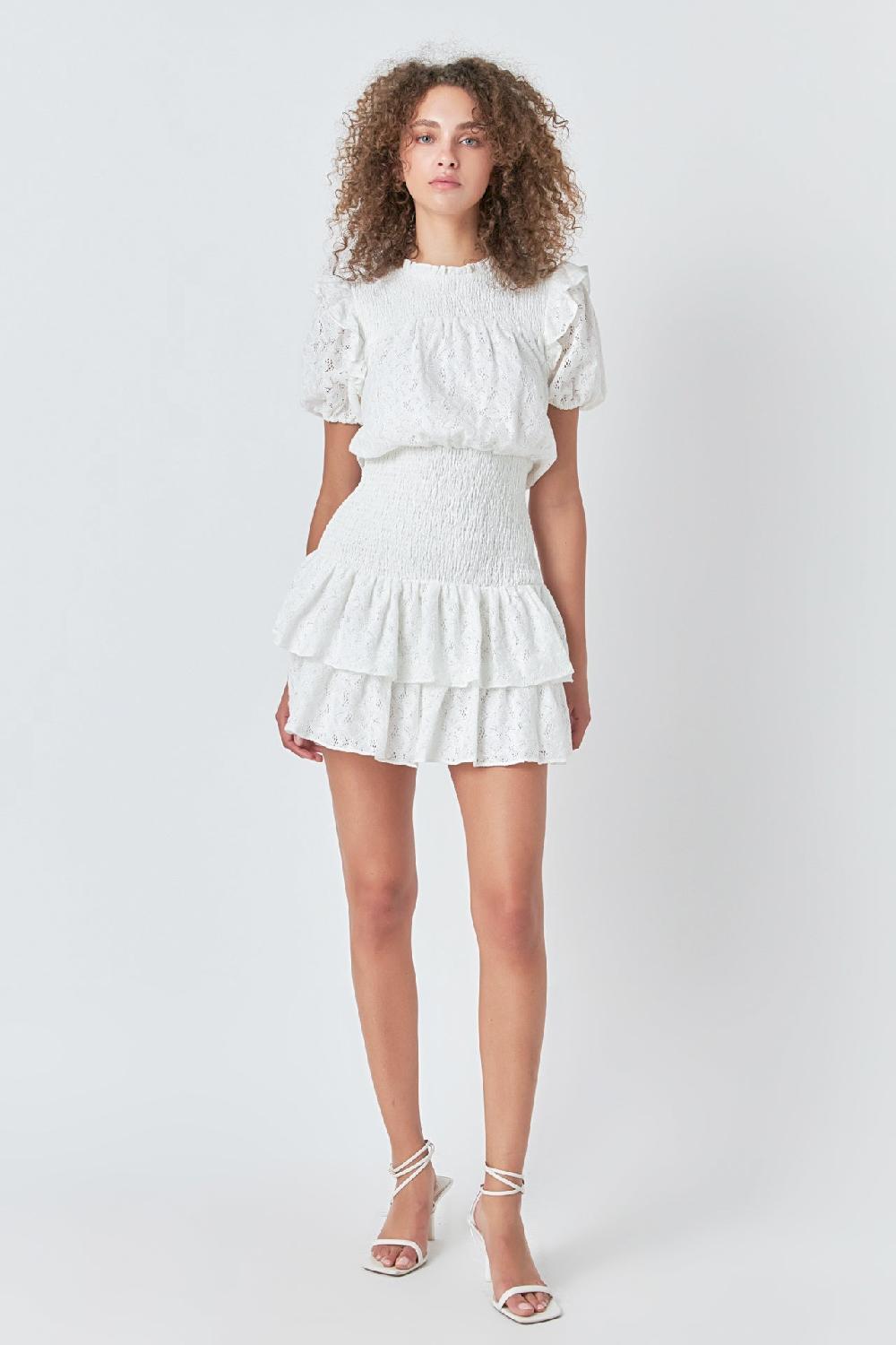 endless rose Smocked Lace Mini Dress WHITE