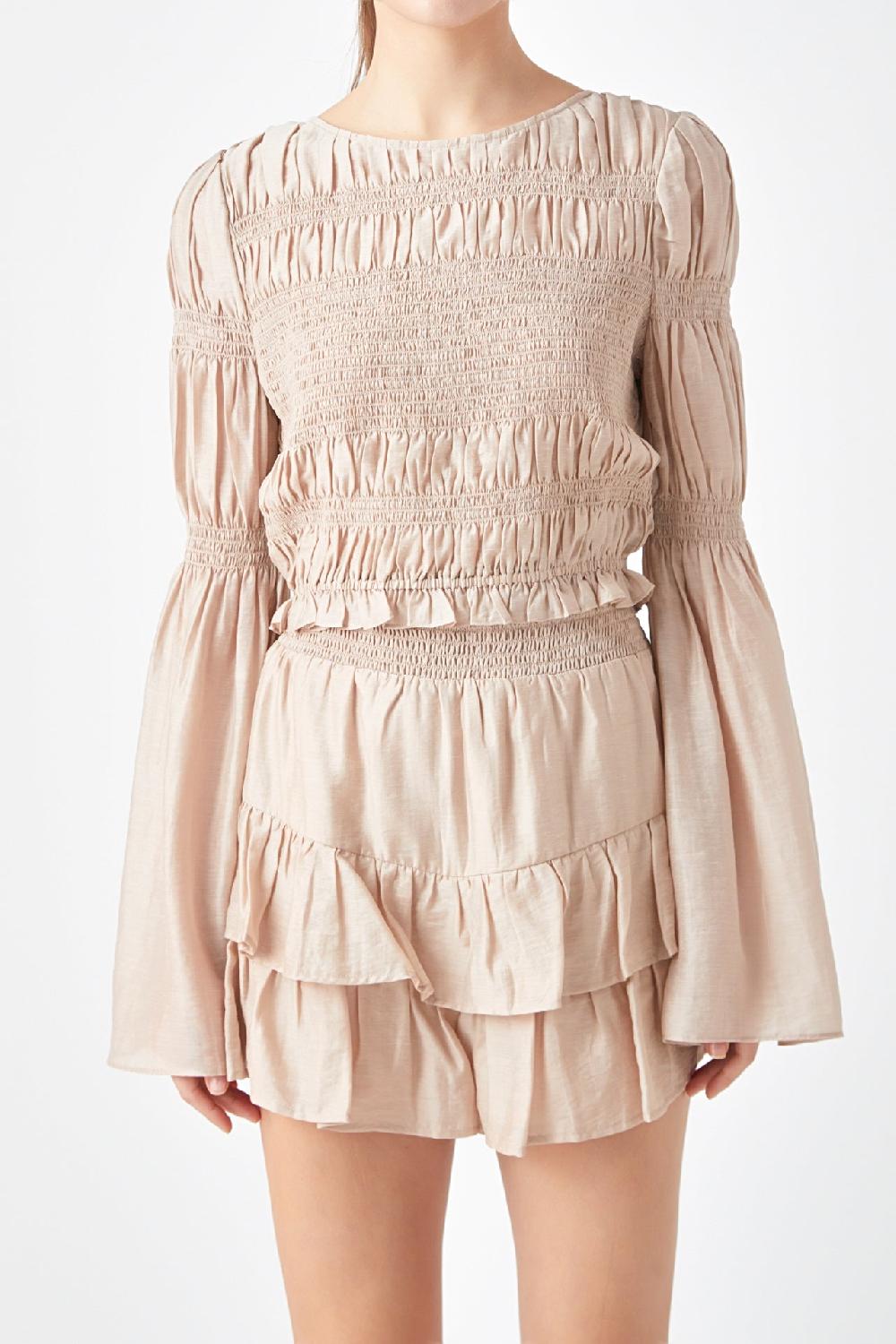 Endless Rose Smocked Top With Bell Sleeves BEIGE