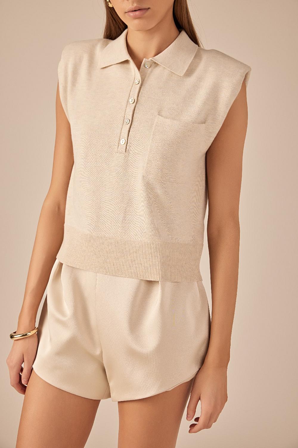 Endless Rose Soft Sleeveless Knit Polo Top CREAM