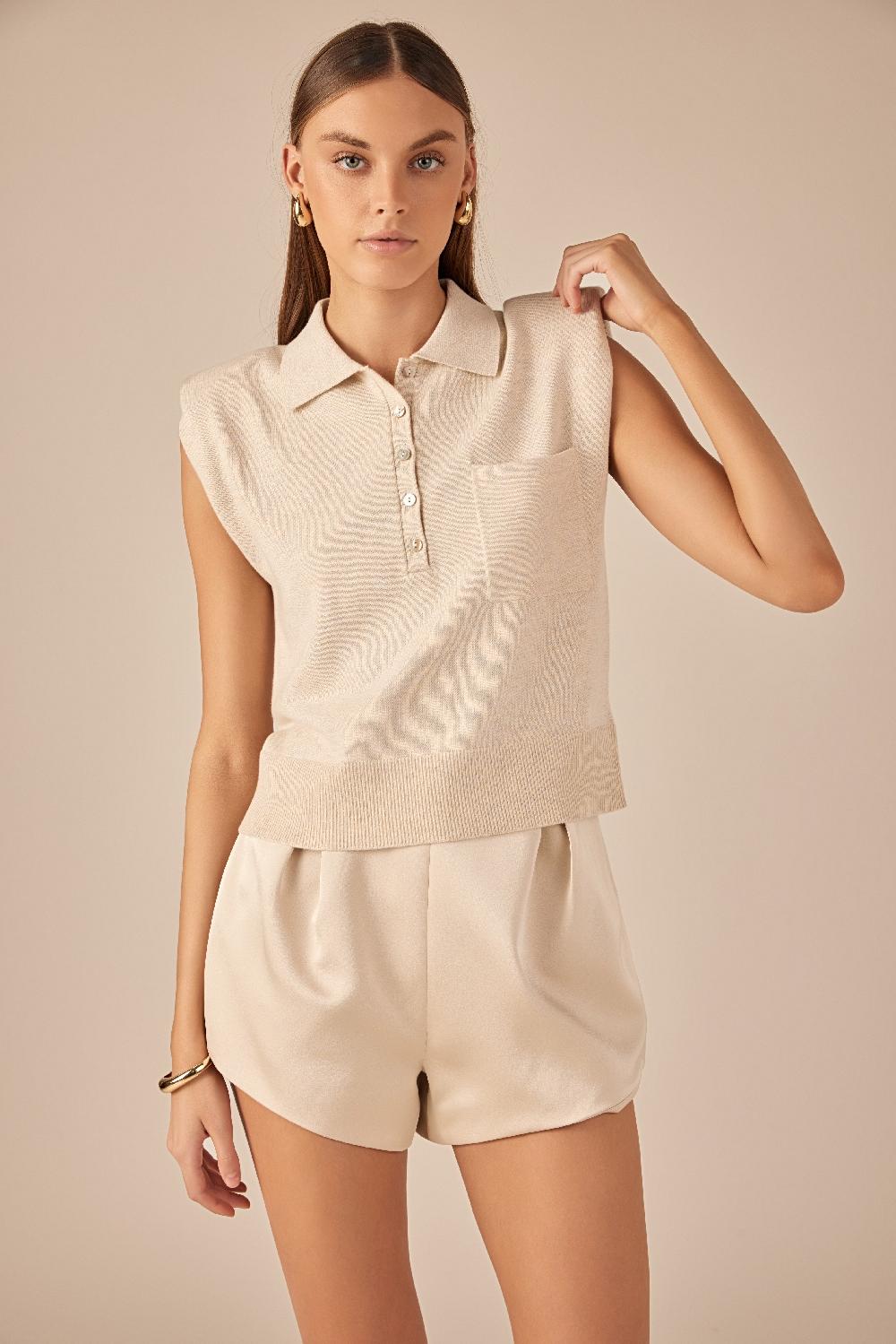 endless rose Soft Sleeveless Knit Polo Top CREAM