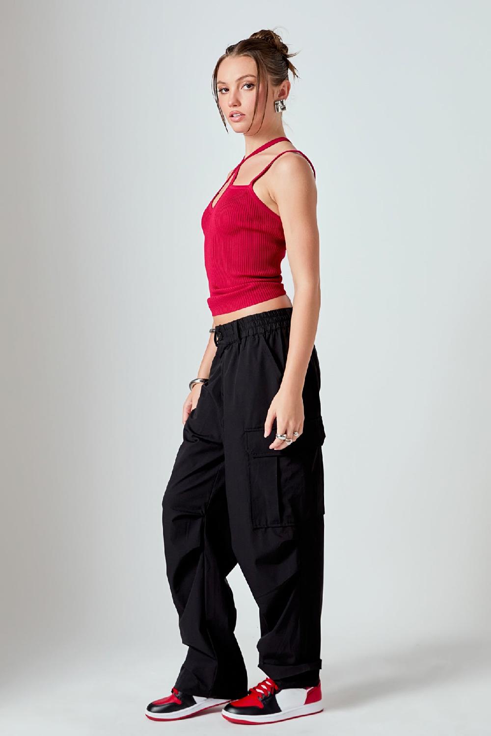 Endless Rose Strap Detail Fitted Knit Top RED