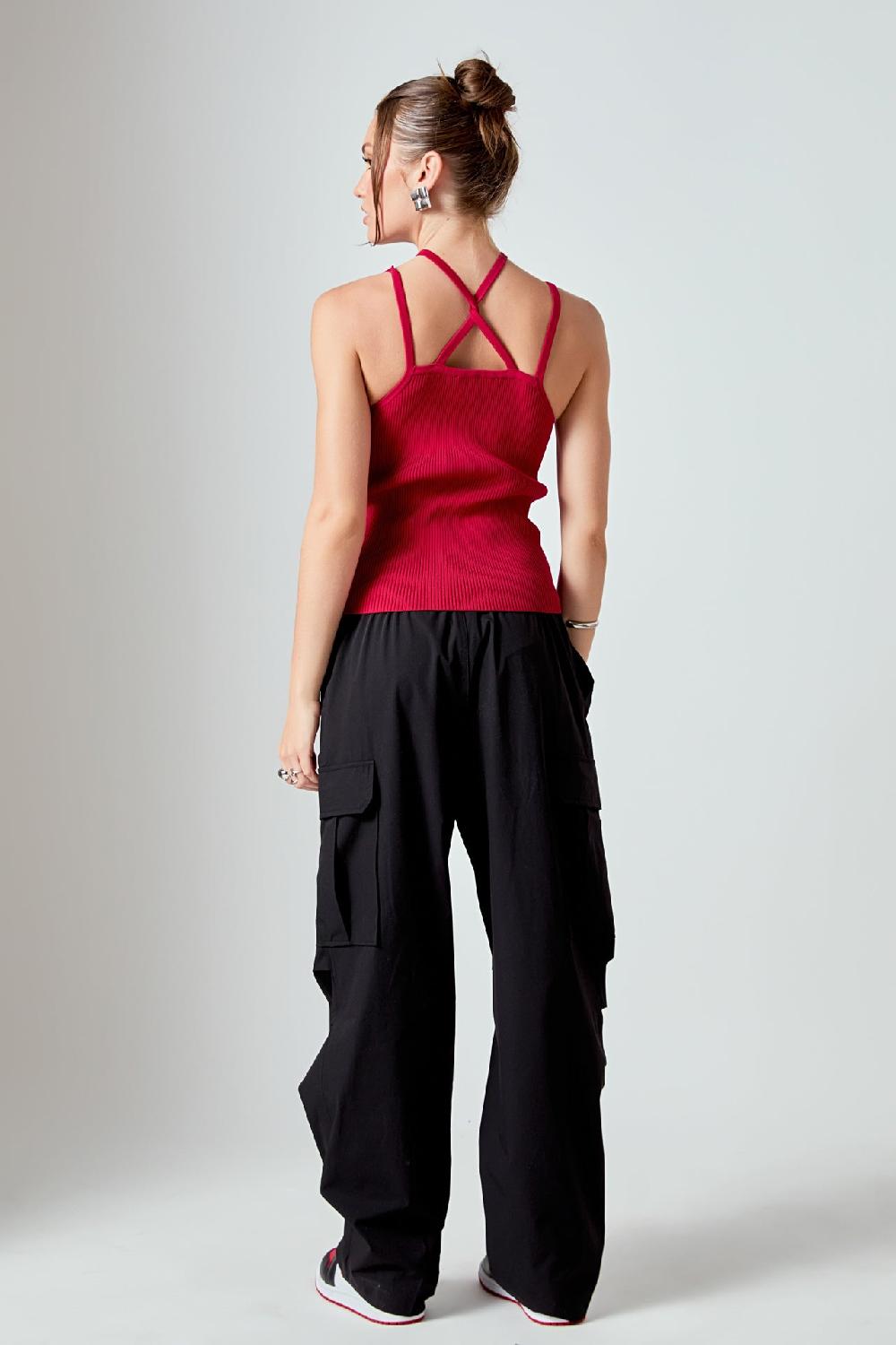 Endless Rose Strap Detail Fitted Knit Top RED