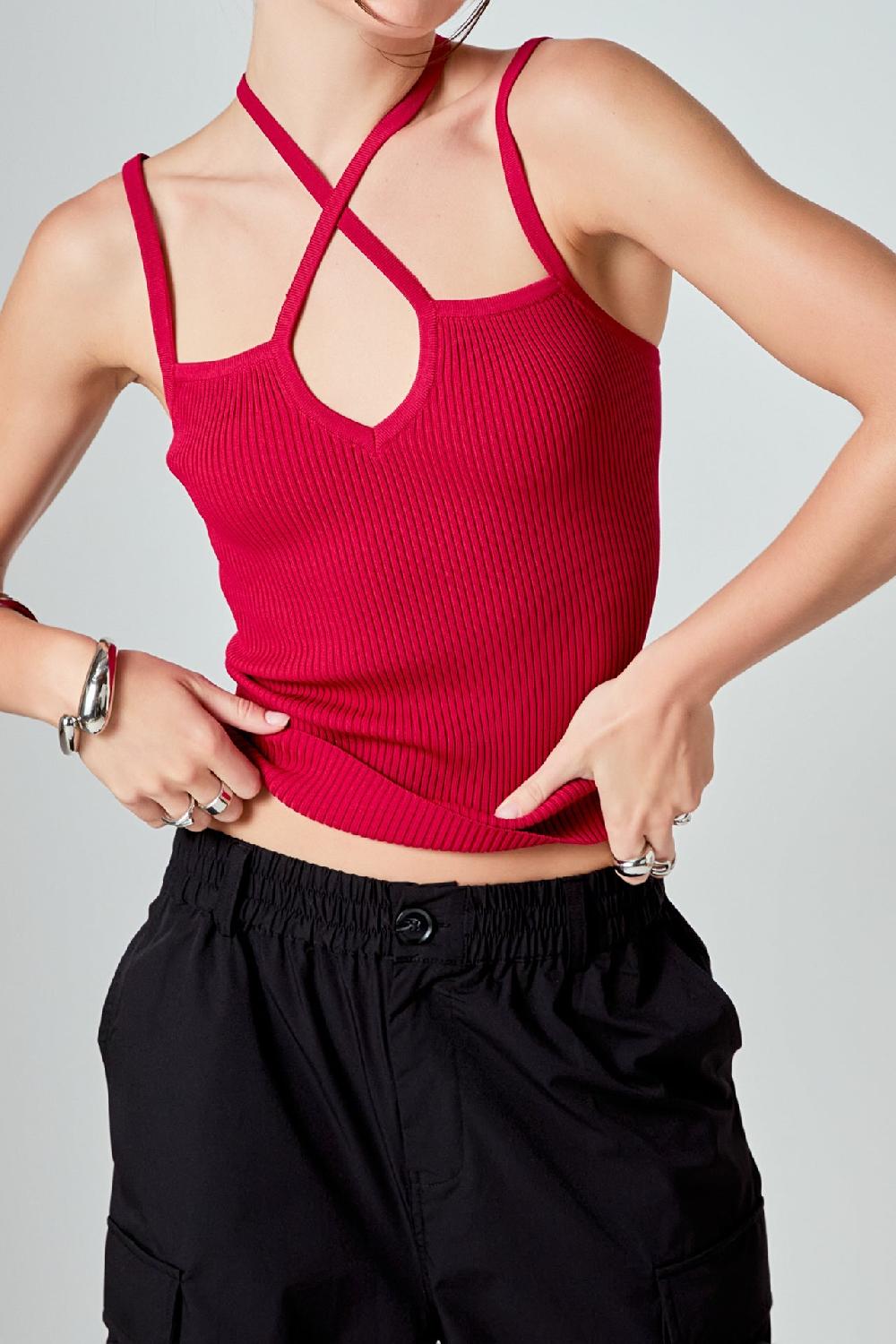 Endless Rose Strap Detail Fitted Knit Top RED