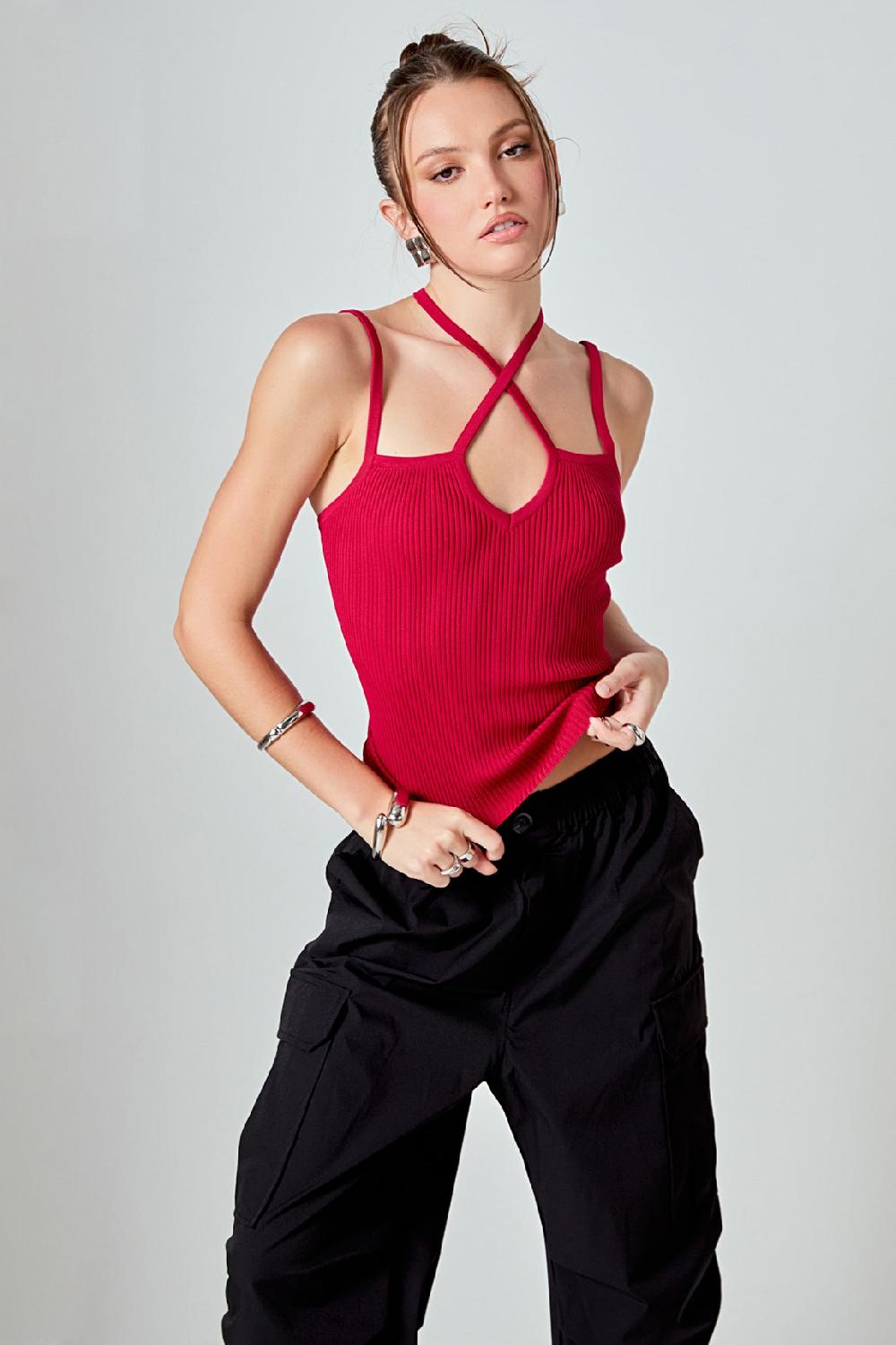 endless rose Strap Detail Fitted Knit Top RED