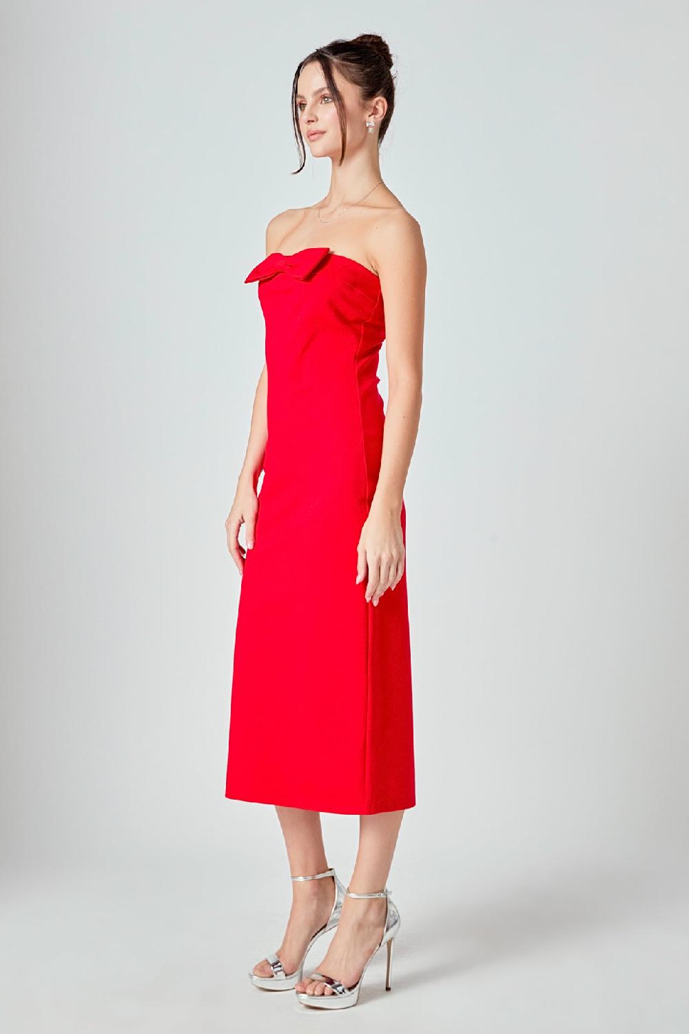 Endless Rose Strapless Bow Midi Dress RED