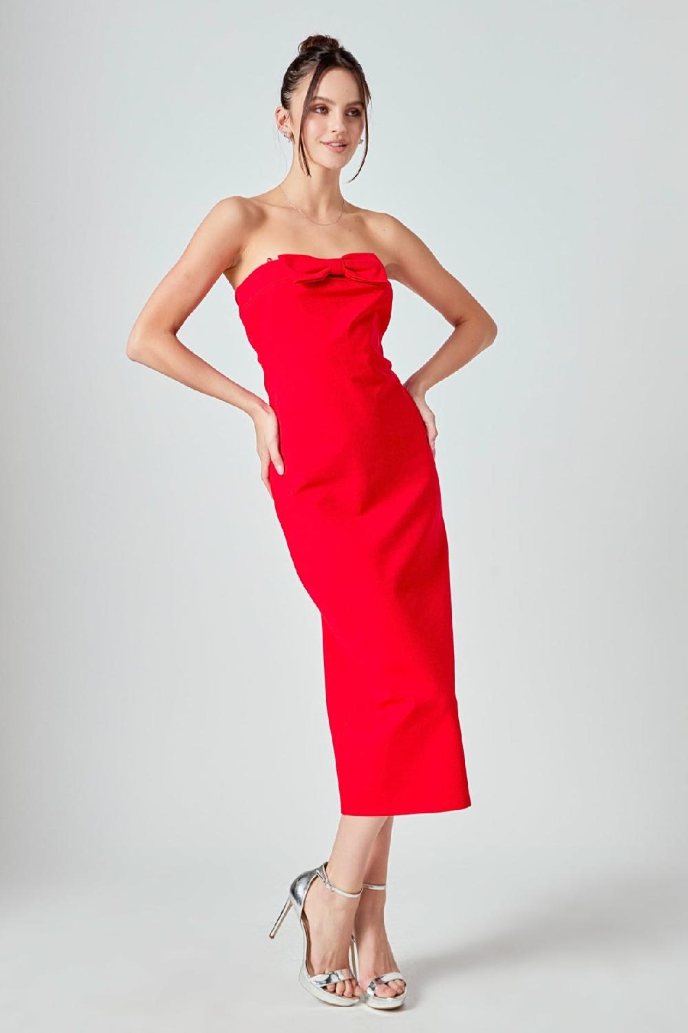 endless rose Strapless Bow Midi Dress RED