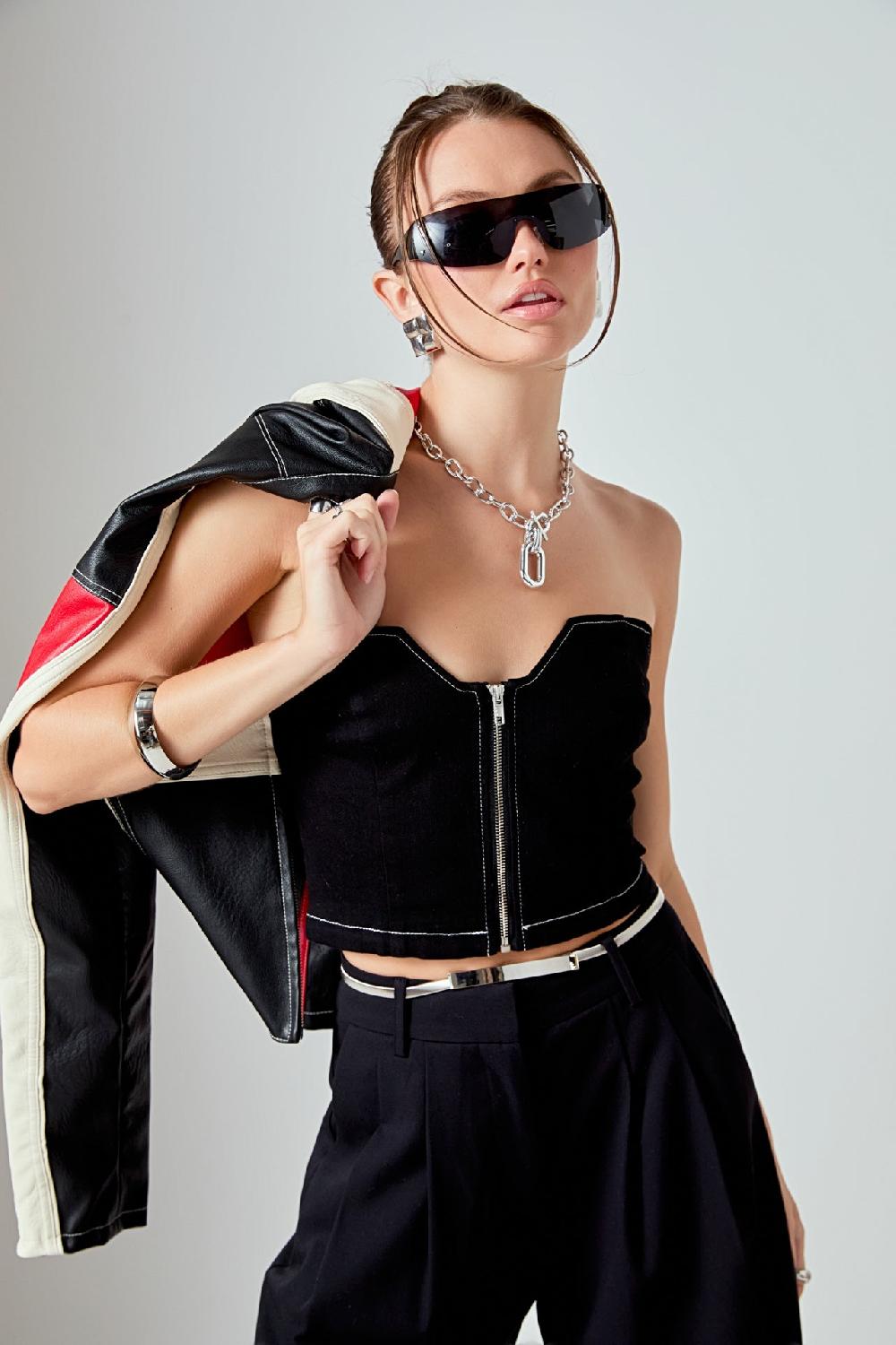 endless rose Strapless Denim Top JET BLACK