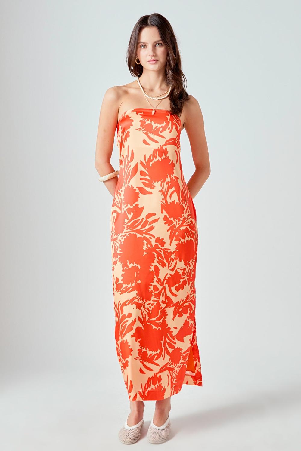 endless rose Strapless Print Maxi Dress ORANGE