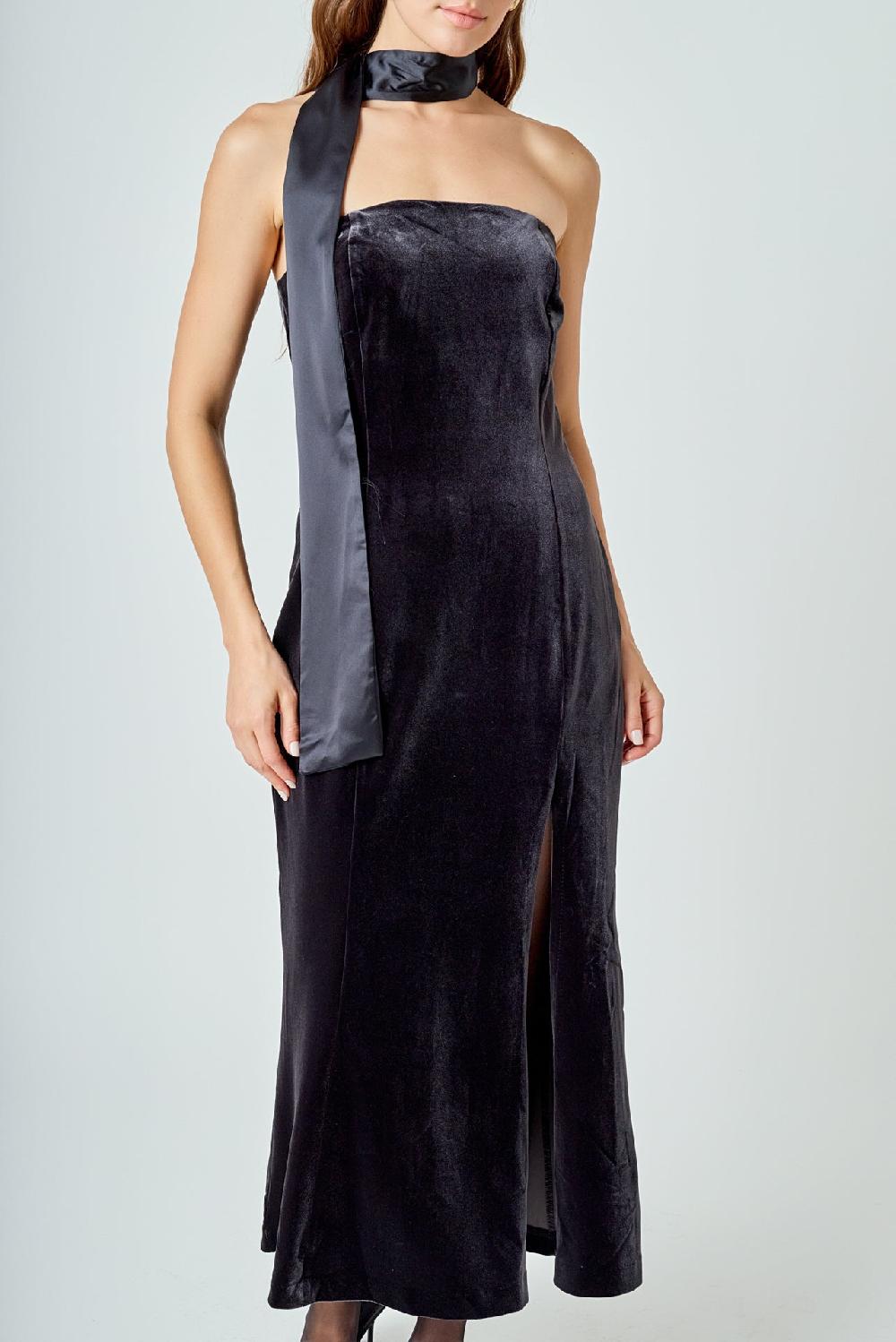 Endless Rose Strapless Velvet Maxi Dress DARK GREY