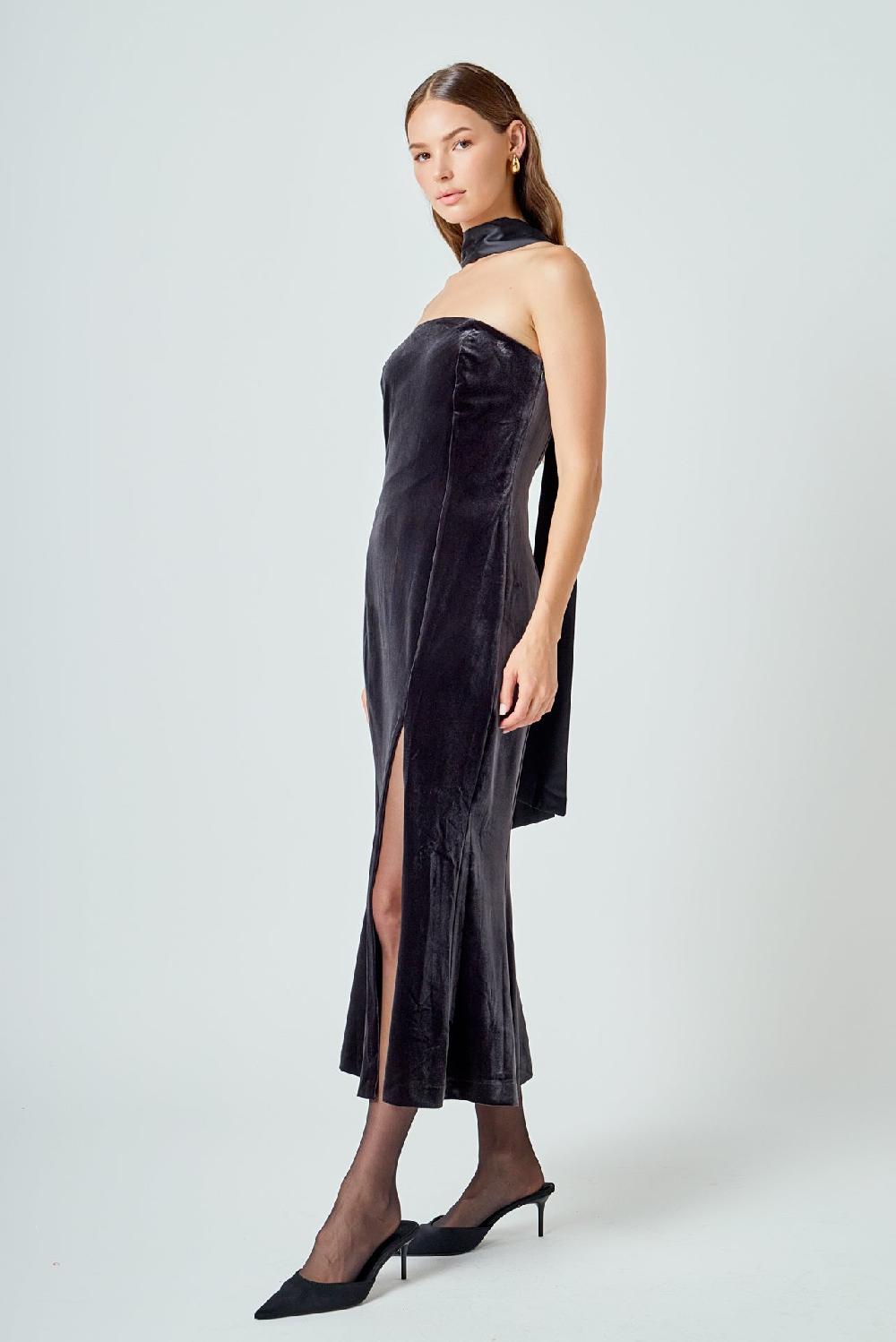 Endless Rose Strapless Velvet Maxi Dress DARK GREY