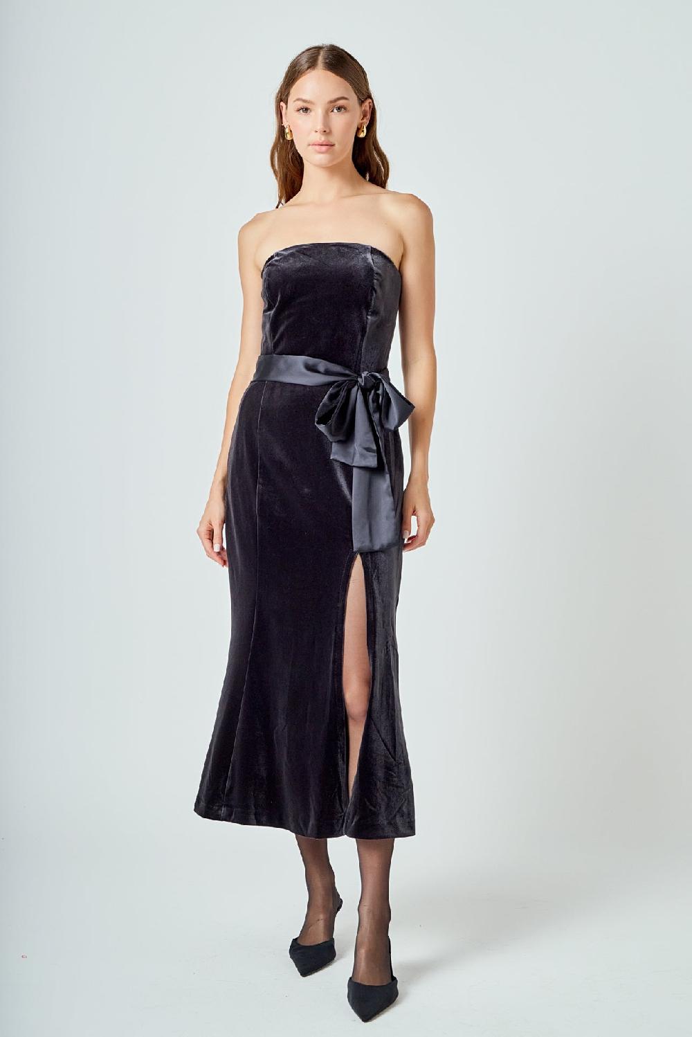 endless rose Strapless Velvet Maxi Dress DARK GREY