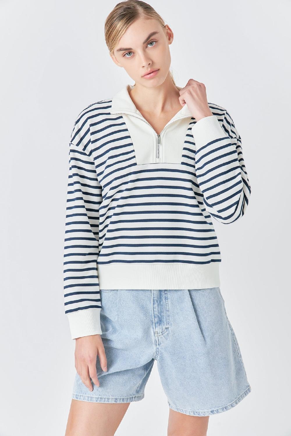 endless rose Stripe Terry Sweatshirt WHITE/NAVY