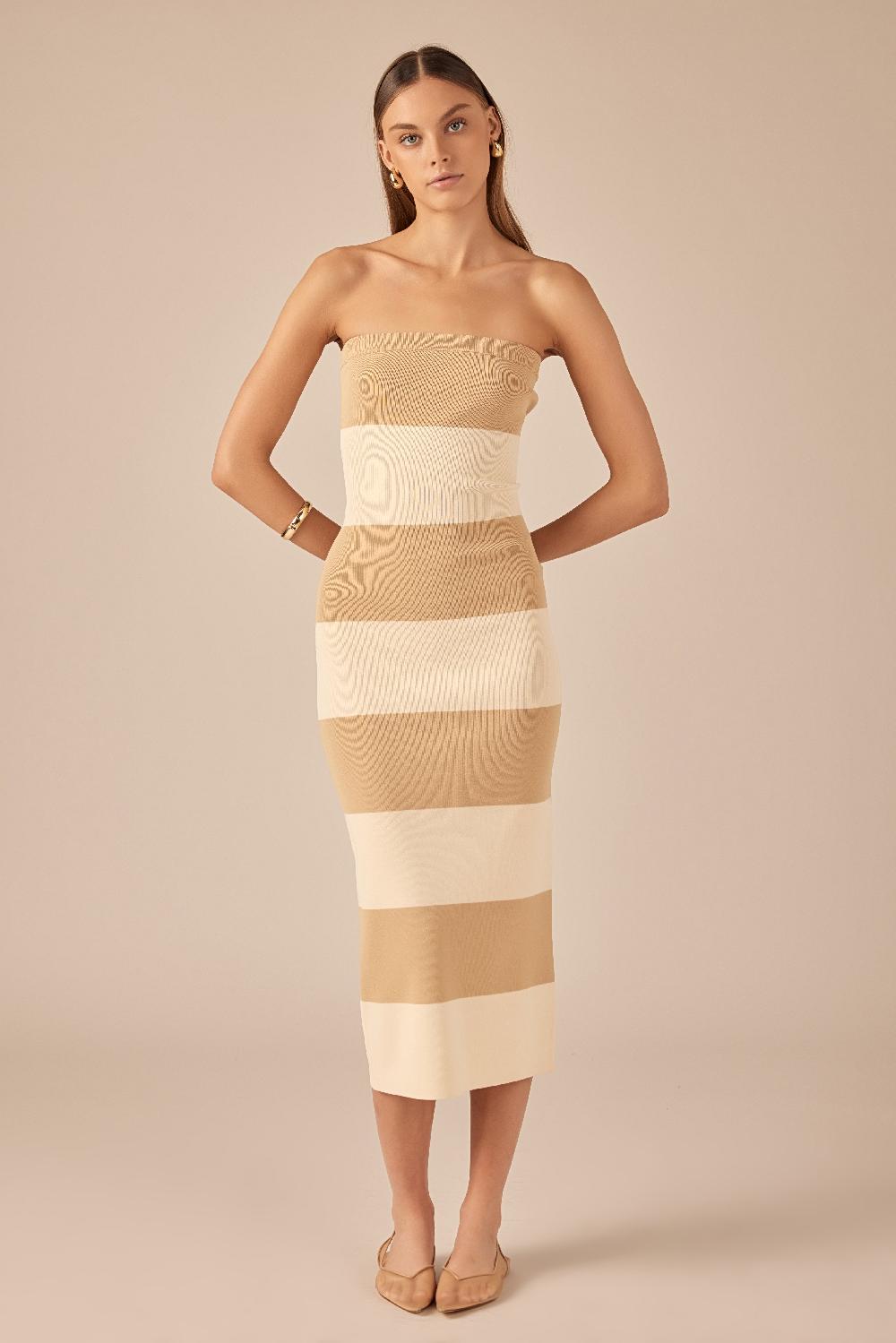 endless rose Stripe Tube Maxi Dress BEIGE/TAN
