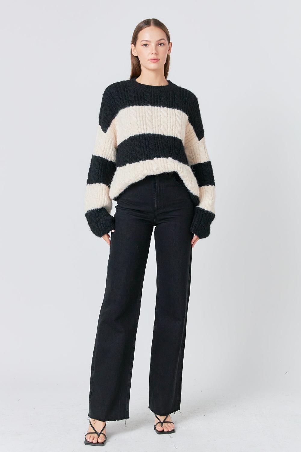 endless rose Striped Chunky Sweater BLACK/CREAM