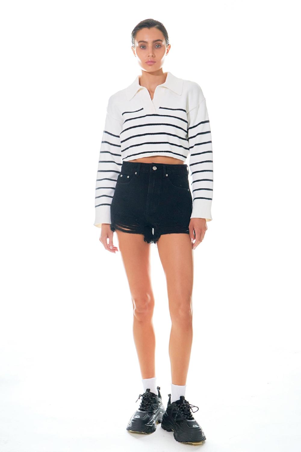 Endless Rose Striped Crop Poly Sweater CREAM/BLACK