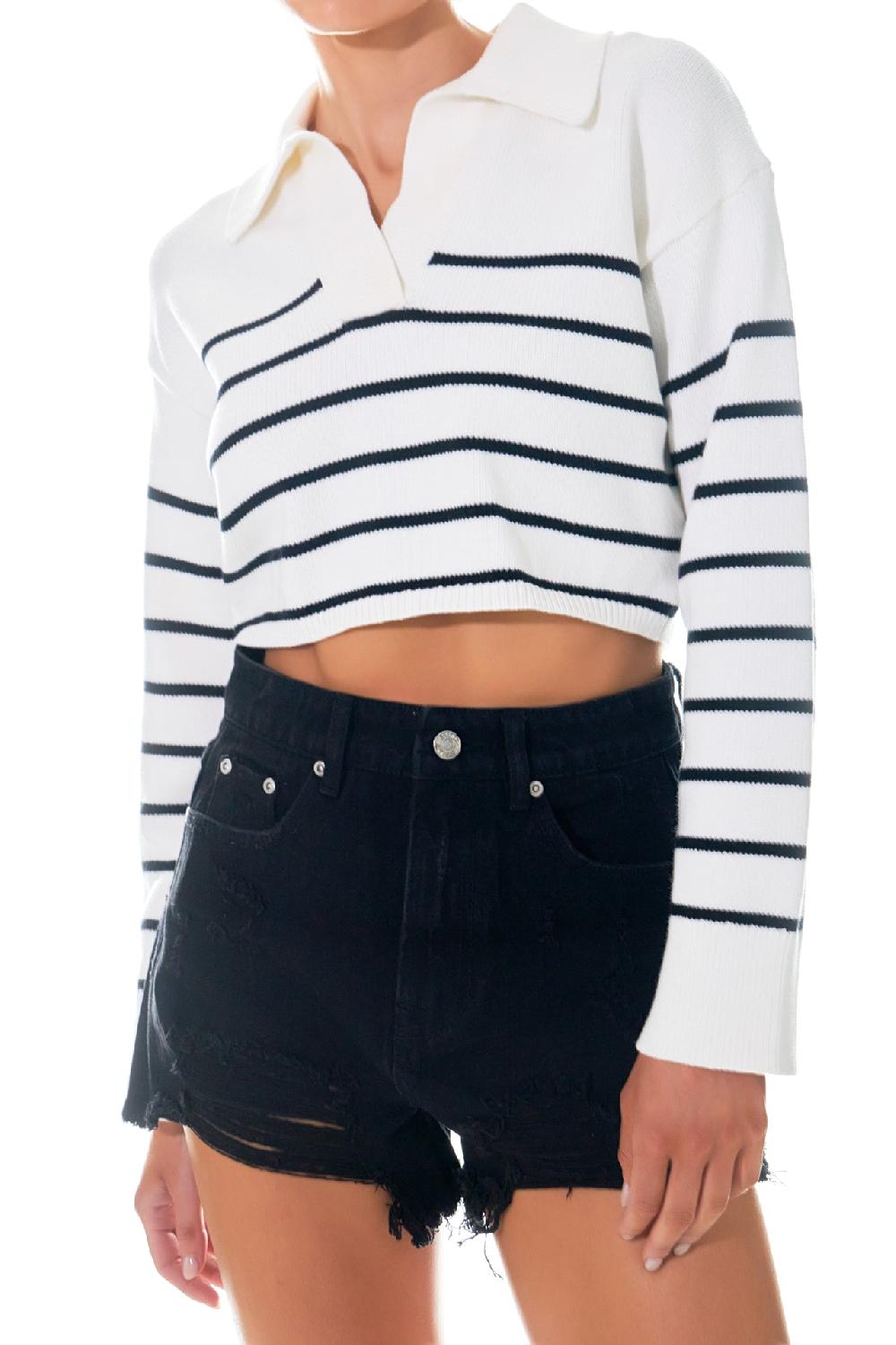 Endless Rose Striped Crop Poly Sweater CREAM/BLACK
