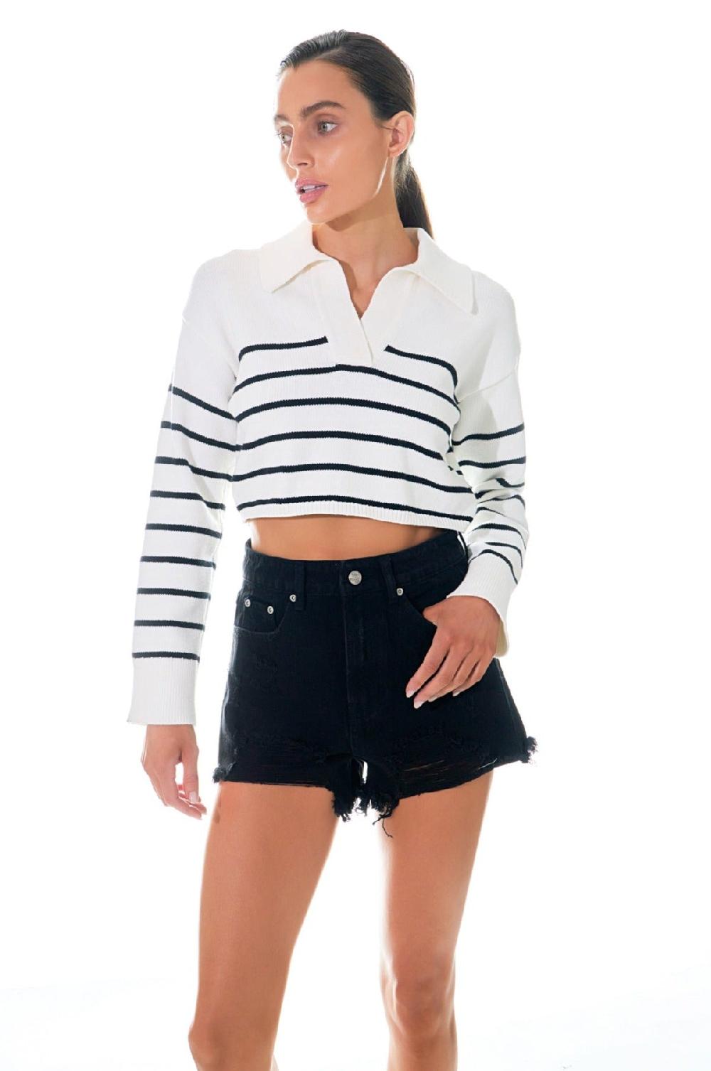 endless rose Striped Crop Poly Sweater CREAM/BLACK