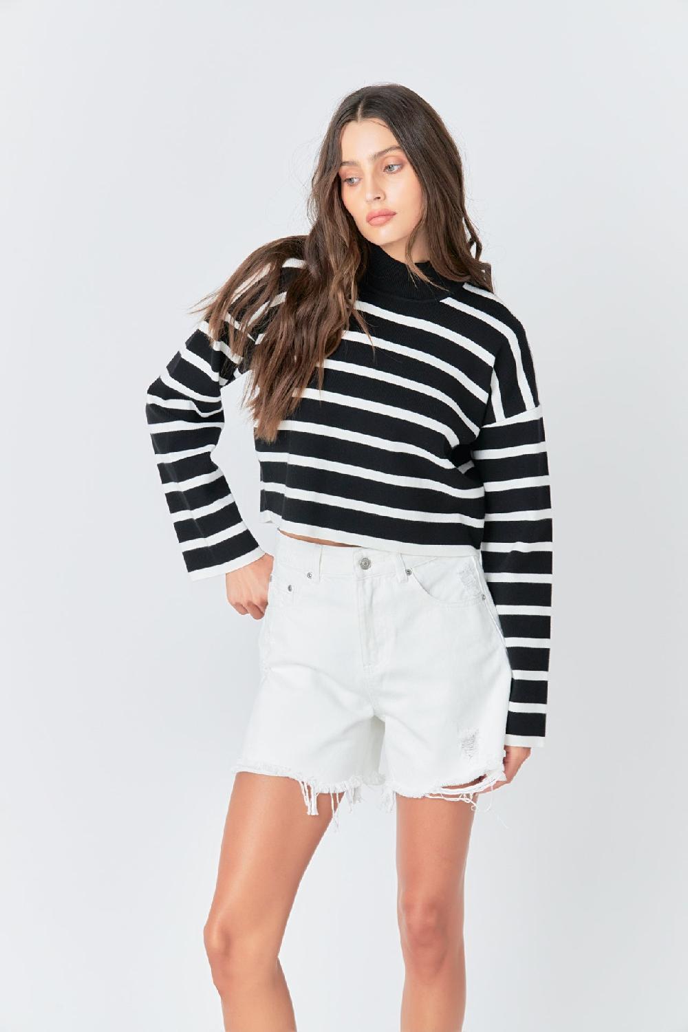 endless rose Striped Cropped Sweater BLACK/WHITE