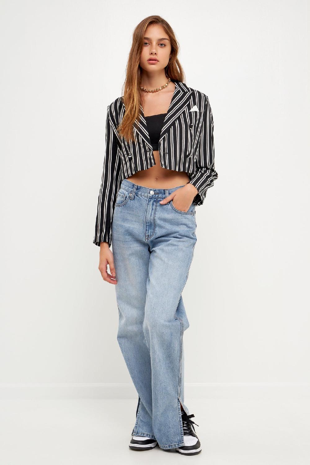 Endless Rose Striped Jacket W/ Pocket BLACK WHITE