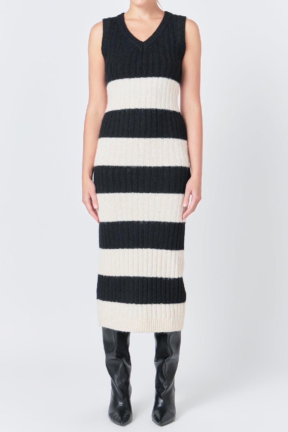 Endless Rose Striped Knit Midi Dress BLACK/CREAM