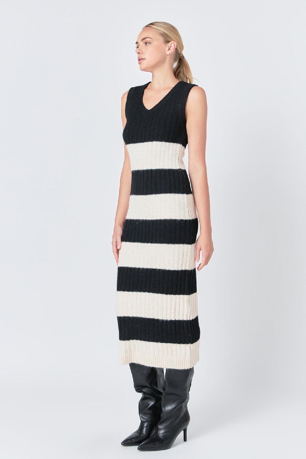 Endless Rose Striped Knit Midi Dress BLACK/CREAM