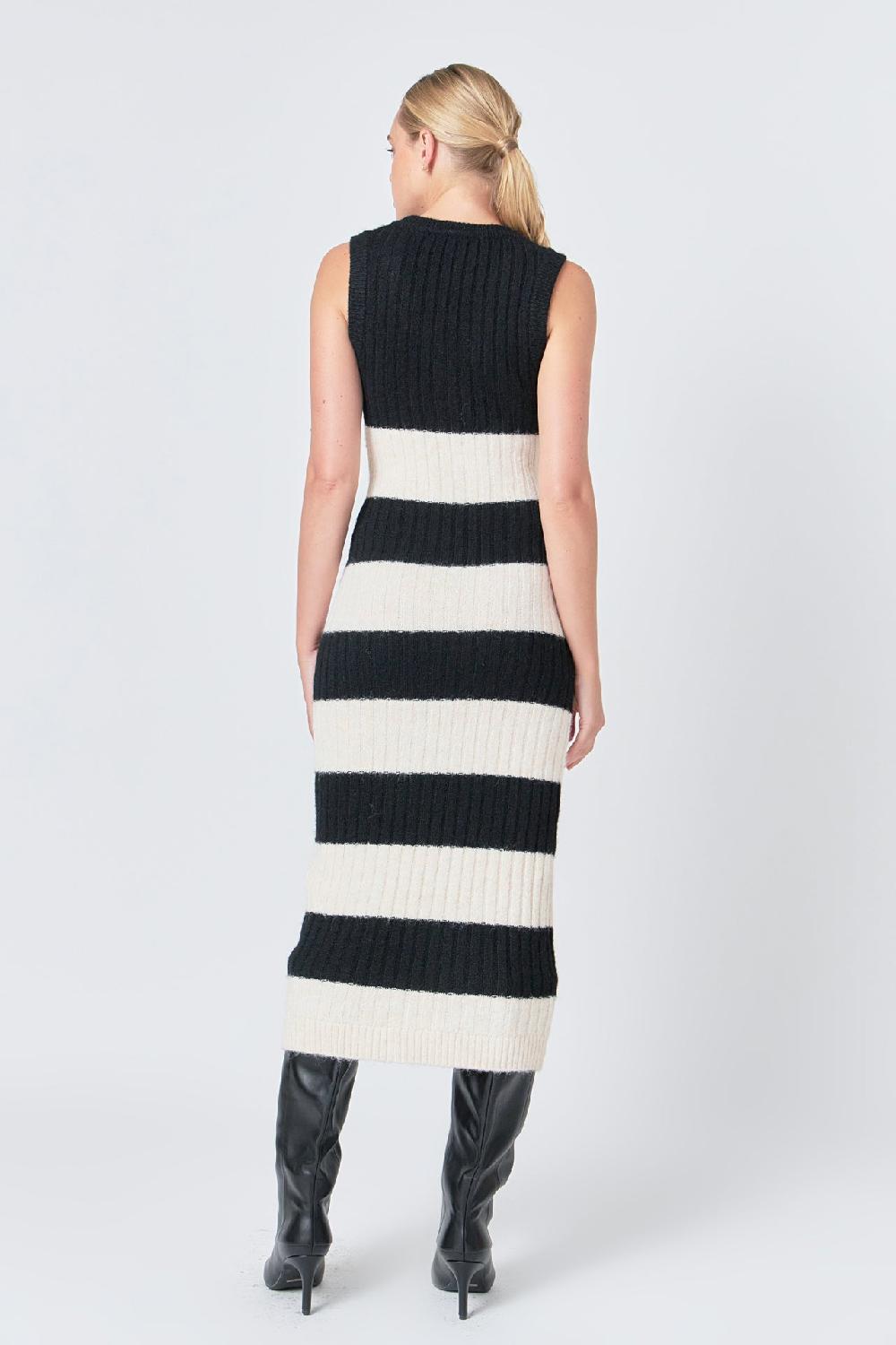 Endless Rose Striped Knit Midi Dress BLACK/CREAM