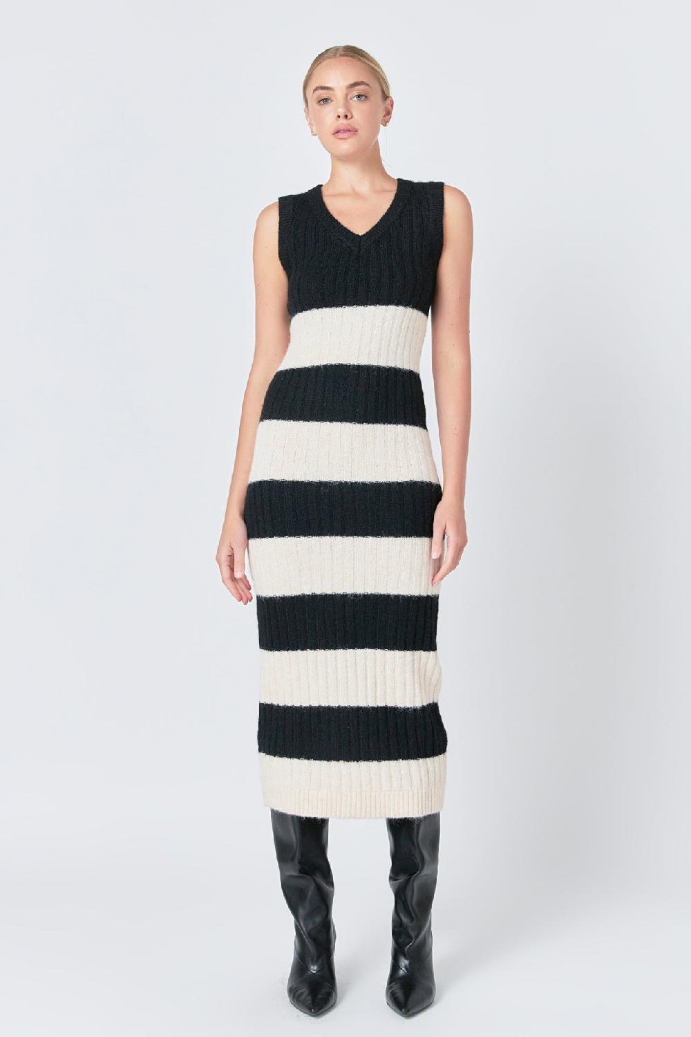 endless rose Striped Knit Midi Dress BLACK/CREAM
