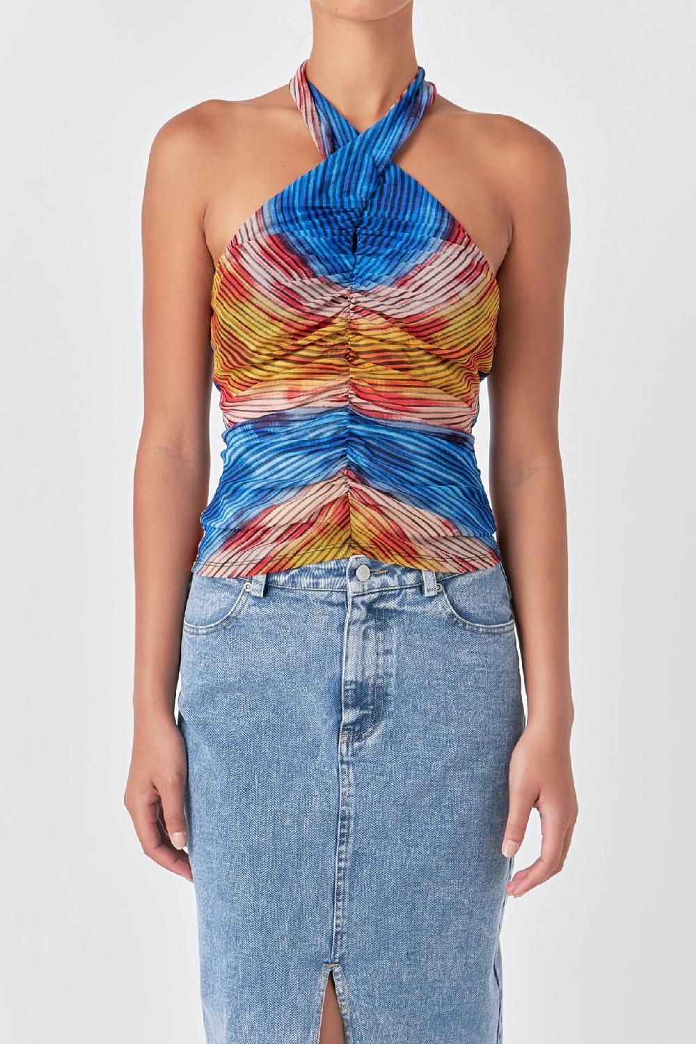 Endless Rose Striped Mesh Halter Top MULTI