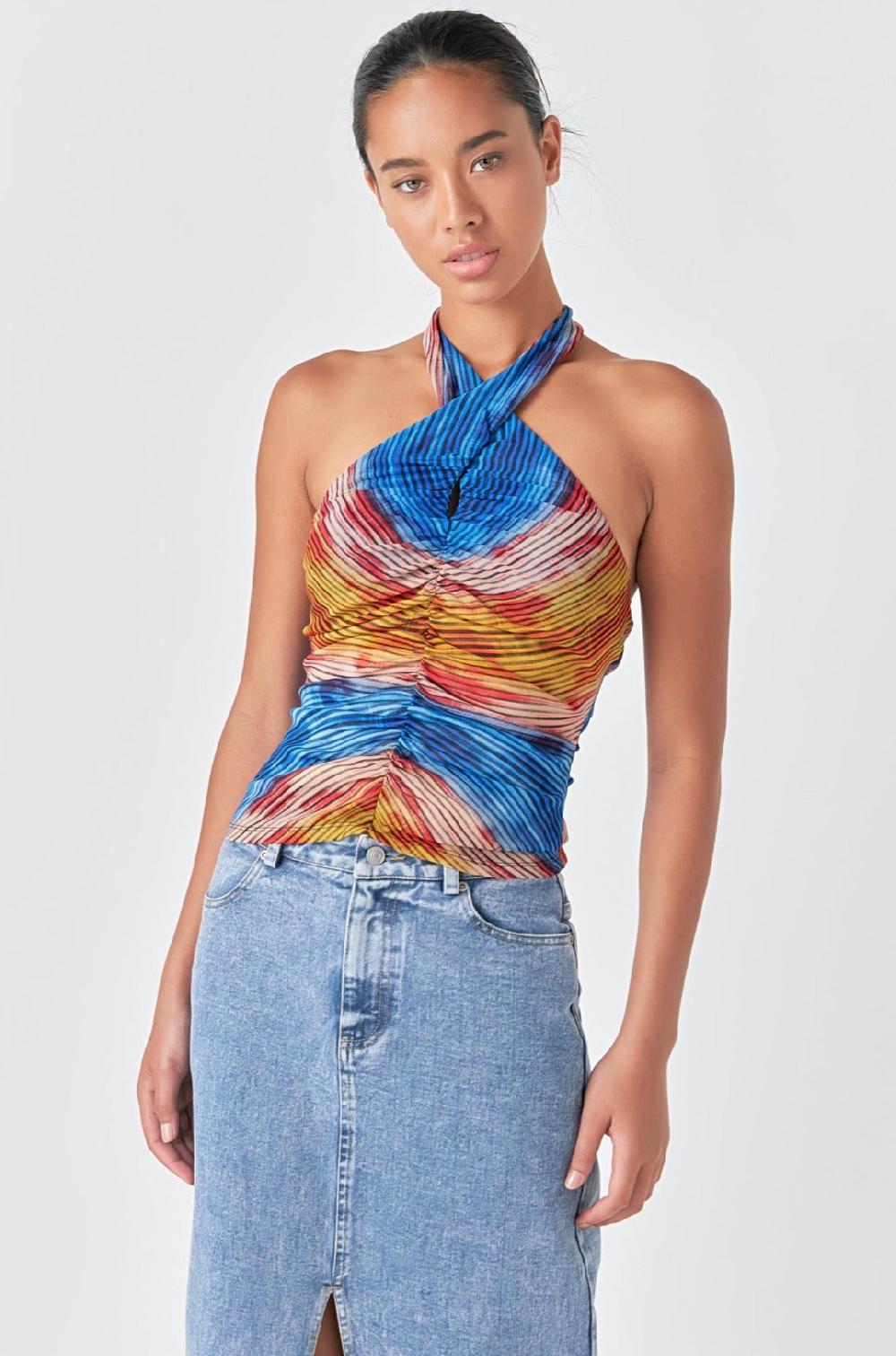 Endless Rose Striped Mesh Halter Top MULTI